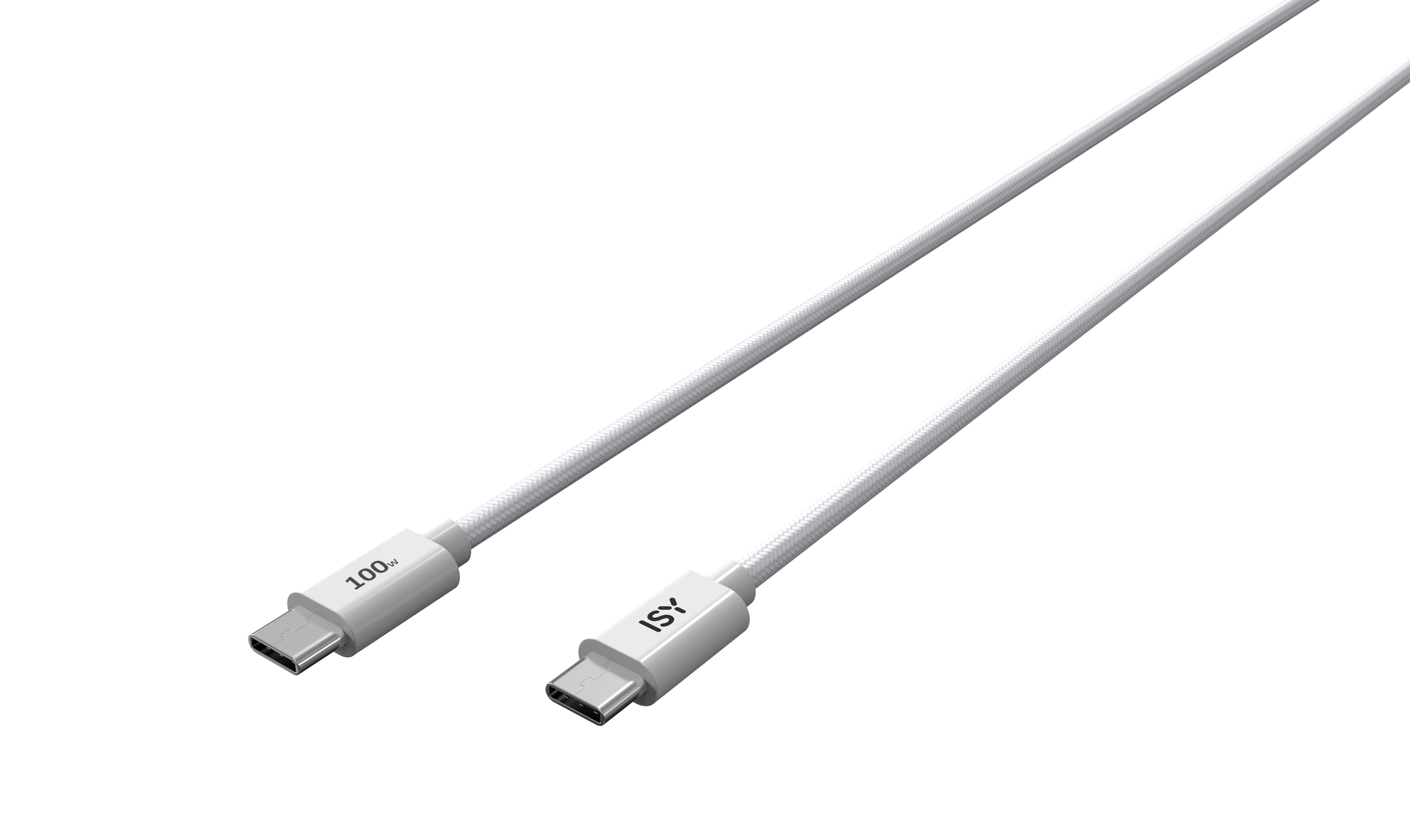 Zwei weiße USB-C-Kabel auf weißem Hintergrund. Eines hat '100w' aufgedruckt.