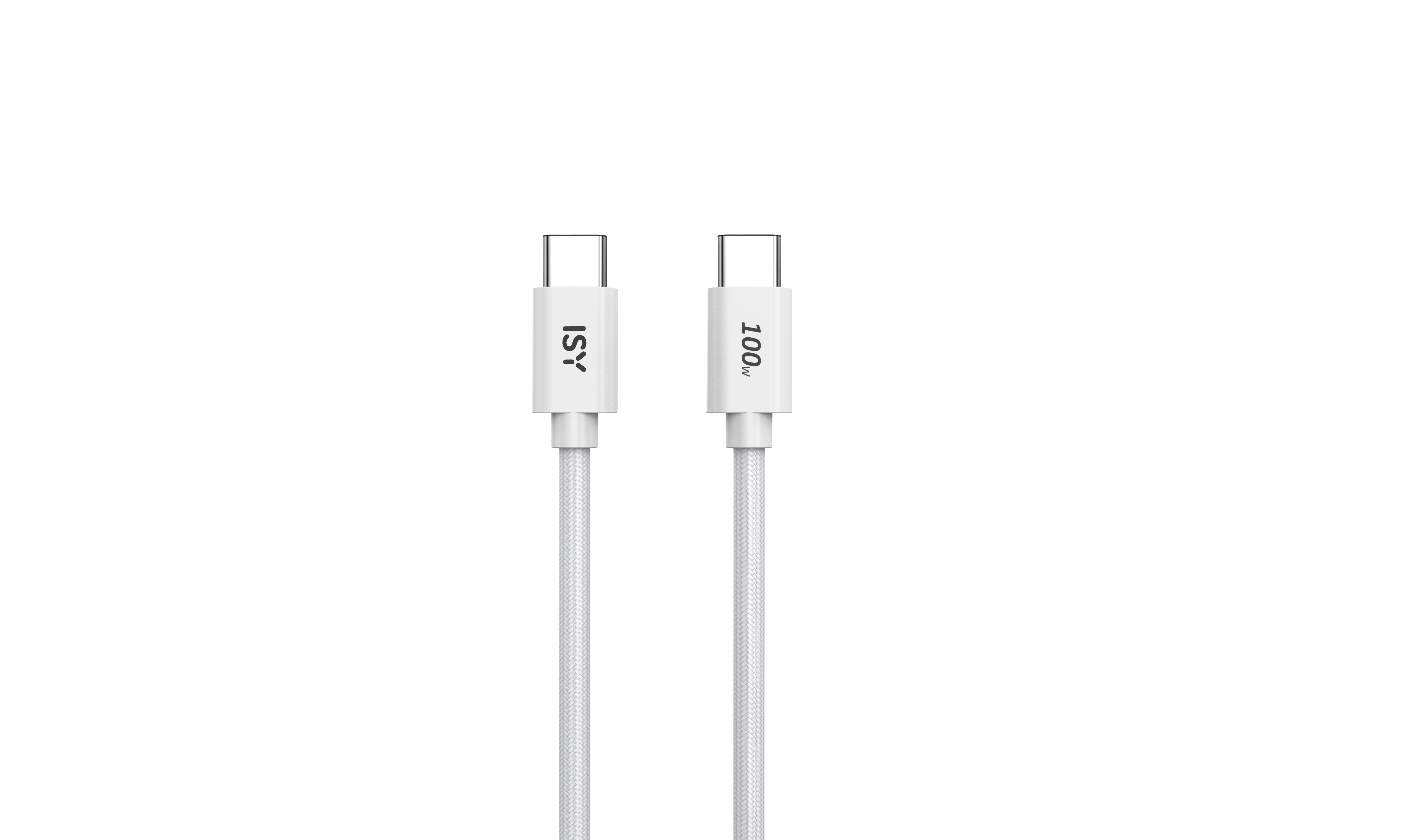 Zwei weiße USB-C-Kabel, jeweils mit einem weißen ISY- und 100W-Etikett.