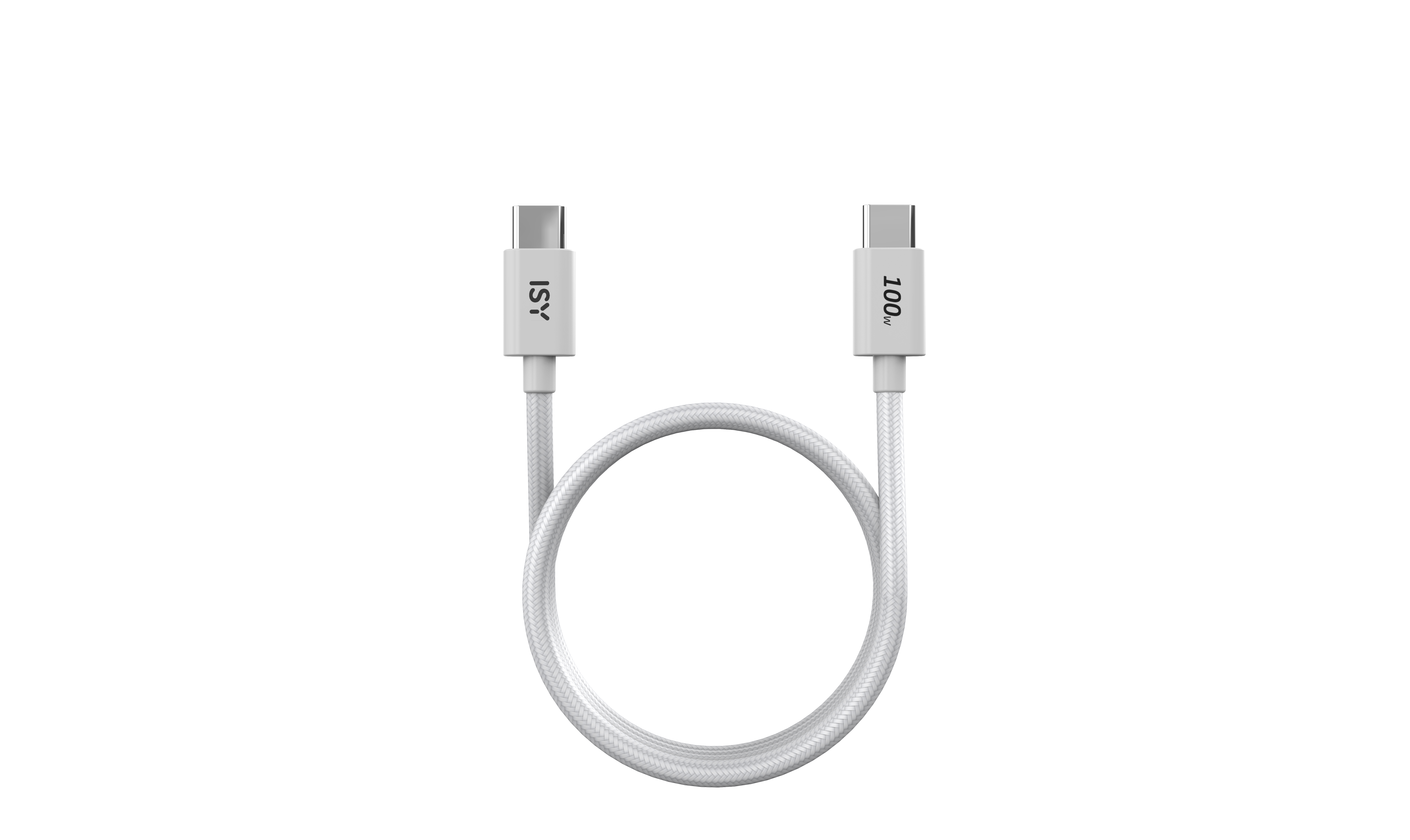 Weißes USB-C-Kabel. Es hat zwei Anschlüsse und die Wörter ISY und 100 W.