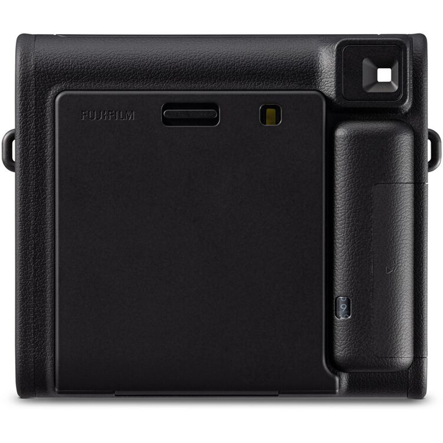 Black instant camera back view. Has a small viewfinder, and a compartment for the film.