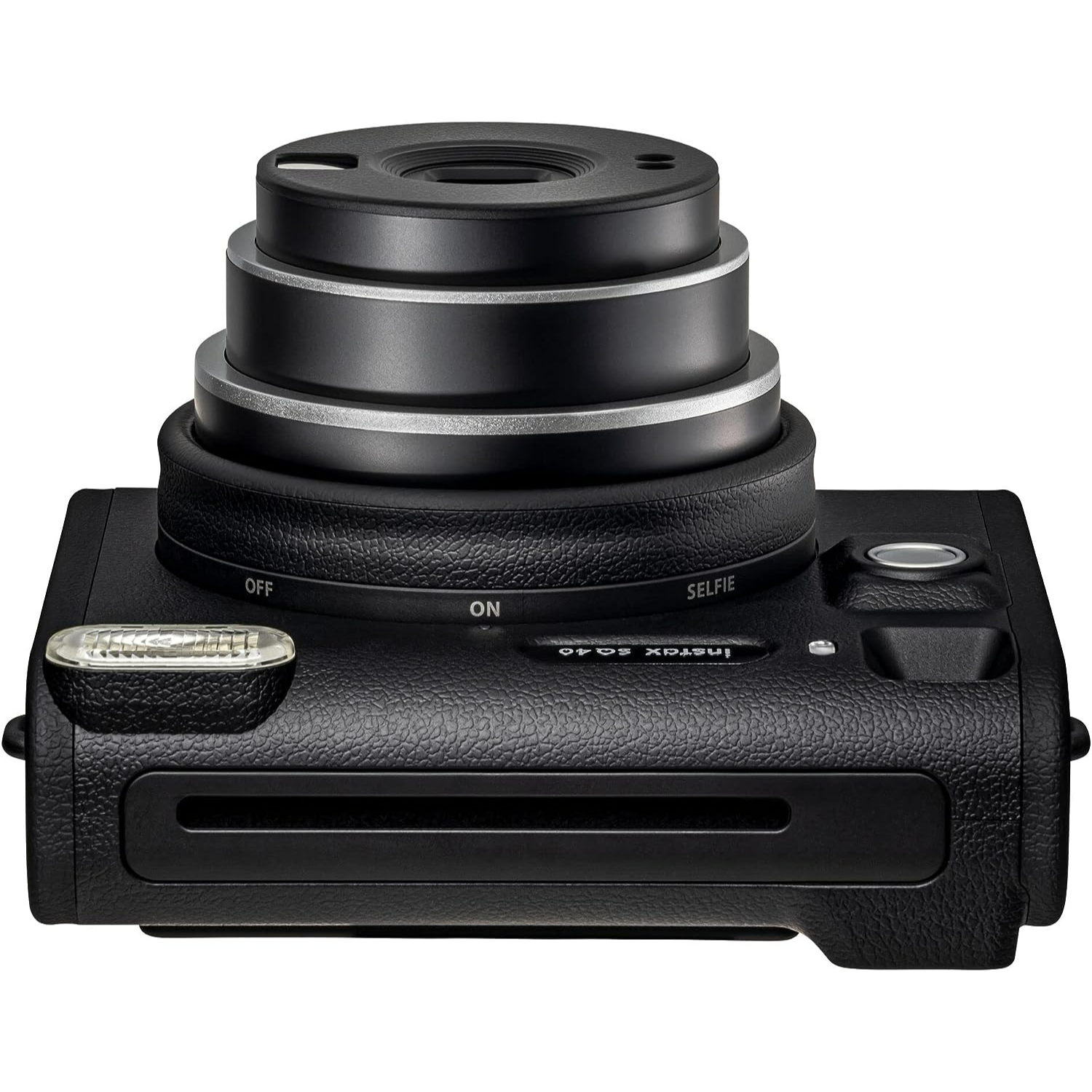 A black Instax SQ40 camera with a lens and buttons, isolated on a white background.