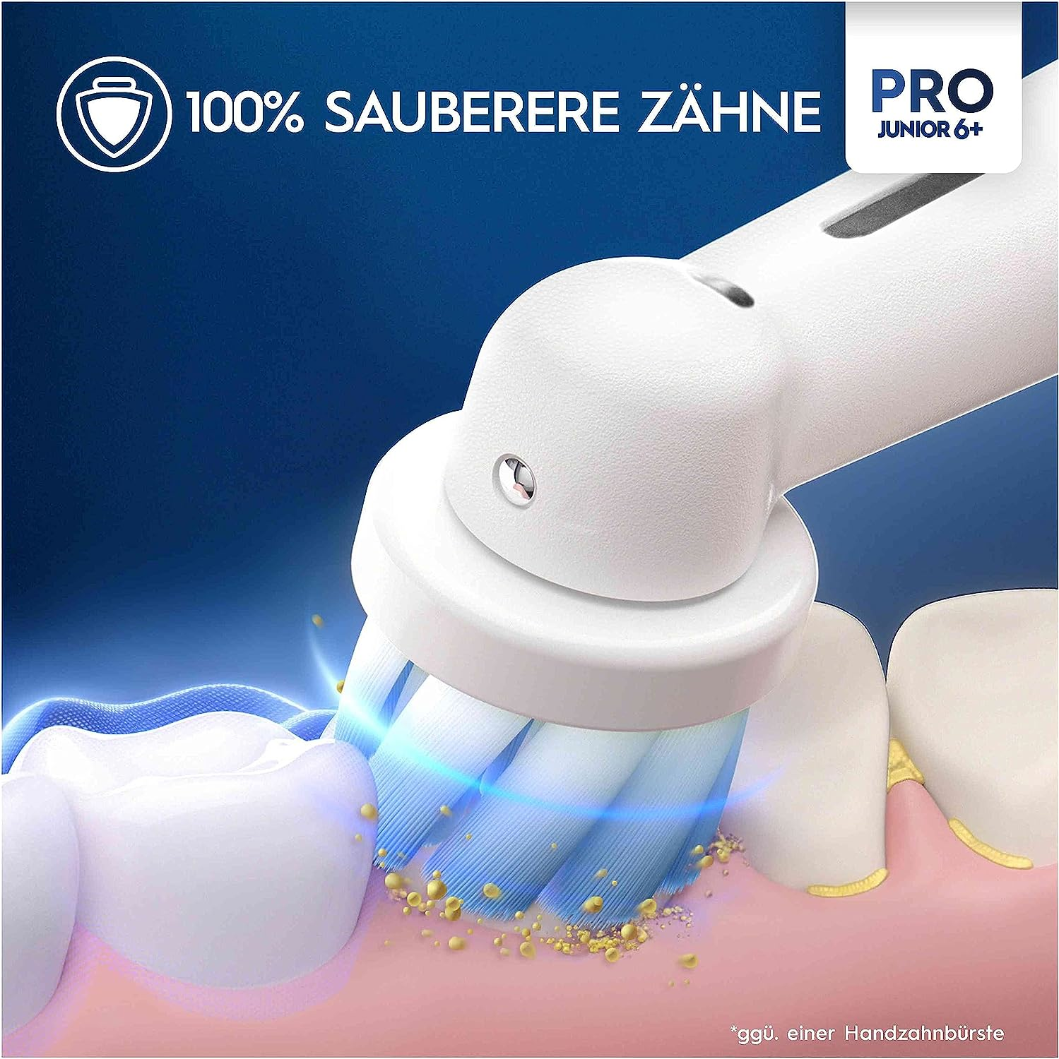 Une tête de brosse à dents électrique nettoyant les dents, avec un effet de lumière bleue.
