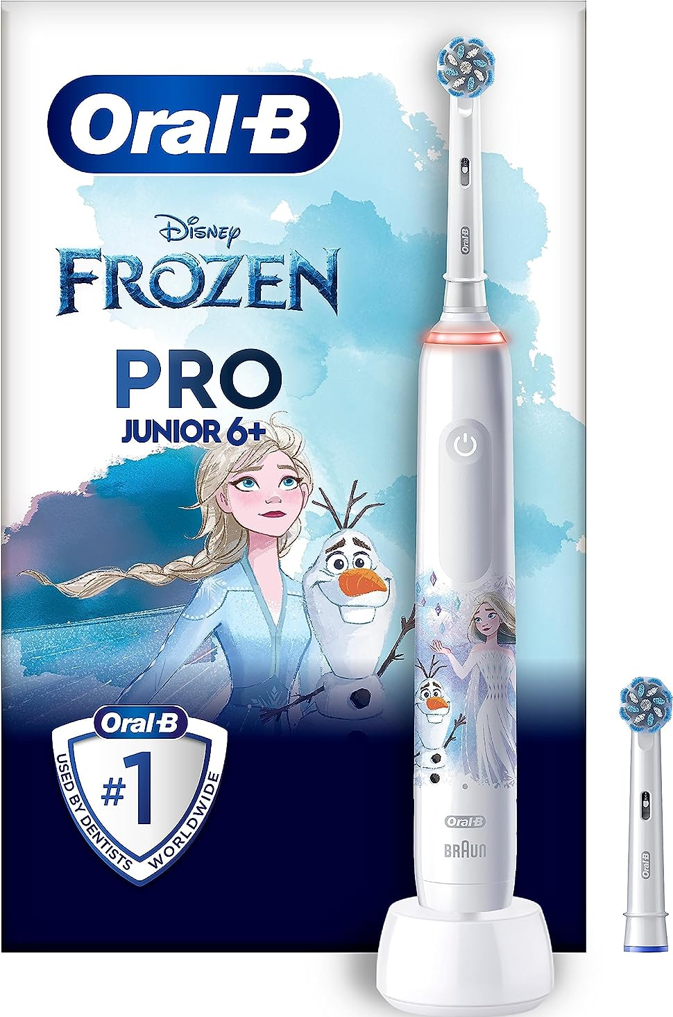 Brosse à dents Oral-B Frozen Pro Junior avec Elsa et Olaf sur la boîte. La brosse est sur un socle.