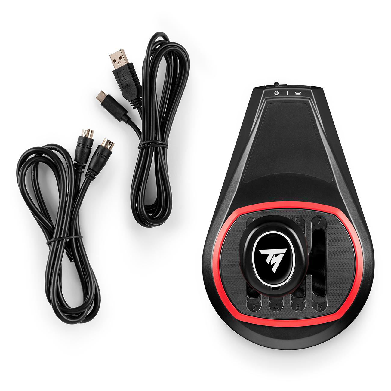 Ein schwarzer und roter Thrustmaster-Rennschalter mit drei schwarzen Kabeln.
