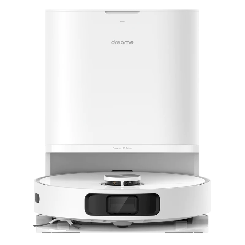 Una aspiradora robot Dreame L10 Prime blanca. Tiene una base redonda y una estación de carga.