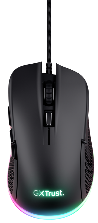 Fekete gamer egér RGB világítással alul, felülnézetből, sötét háttéren.