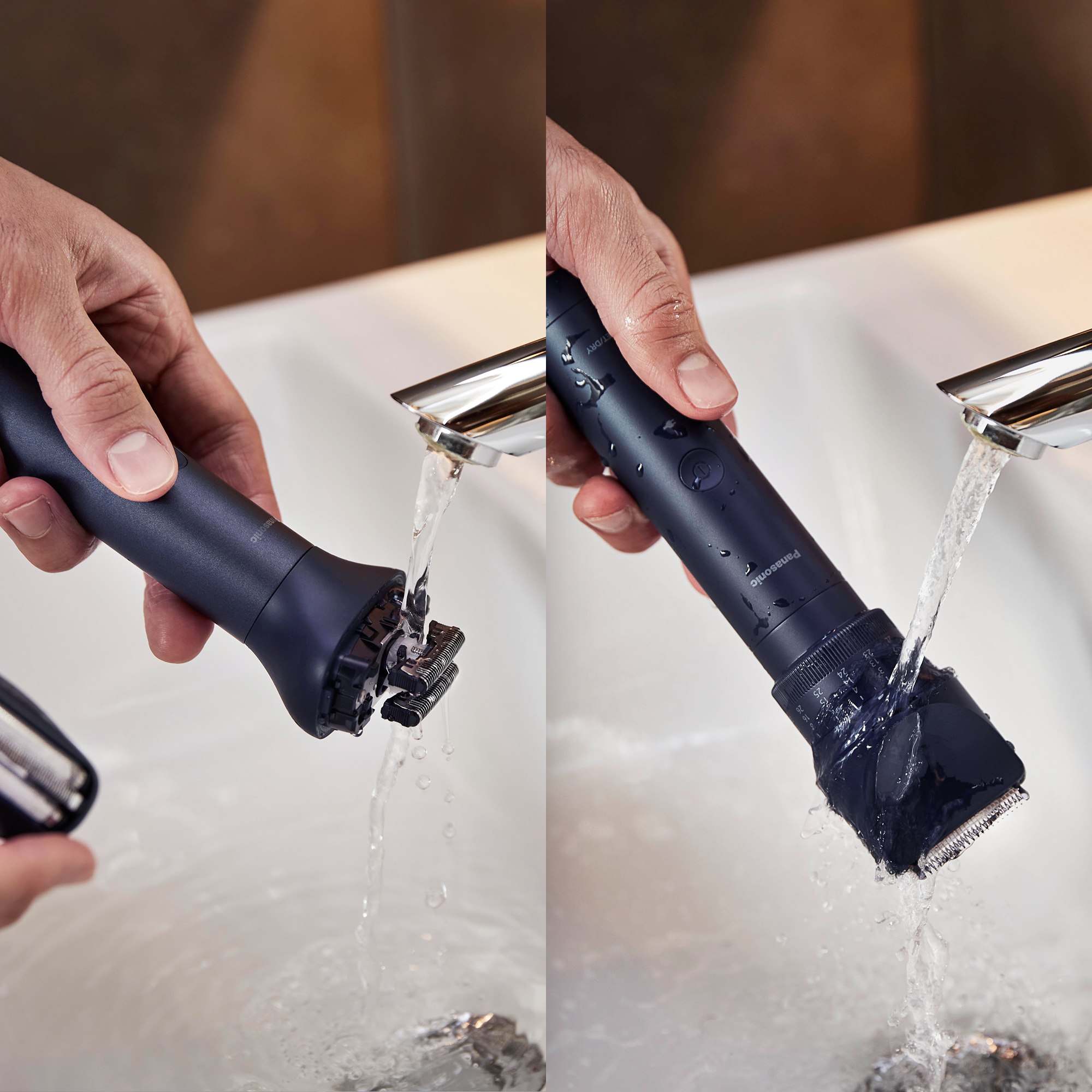 Zwei Bilder, die einen Mann zeigen, der einen Rasierer wäscht. Eines zeigt den Rasierer zerlegt.