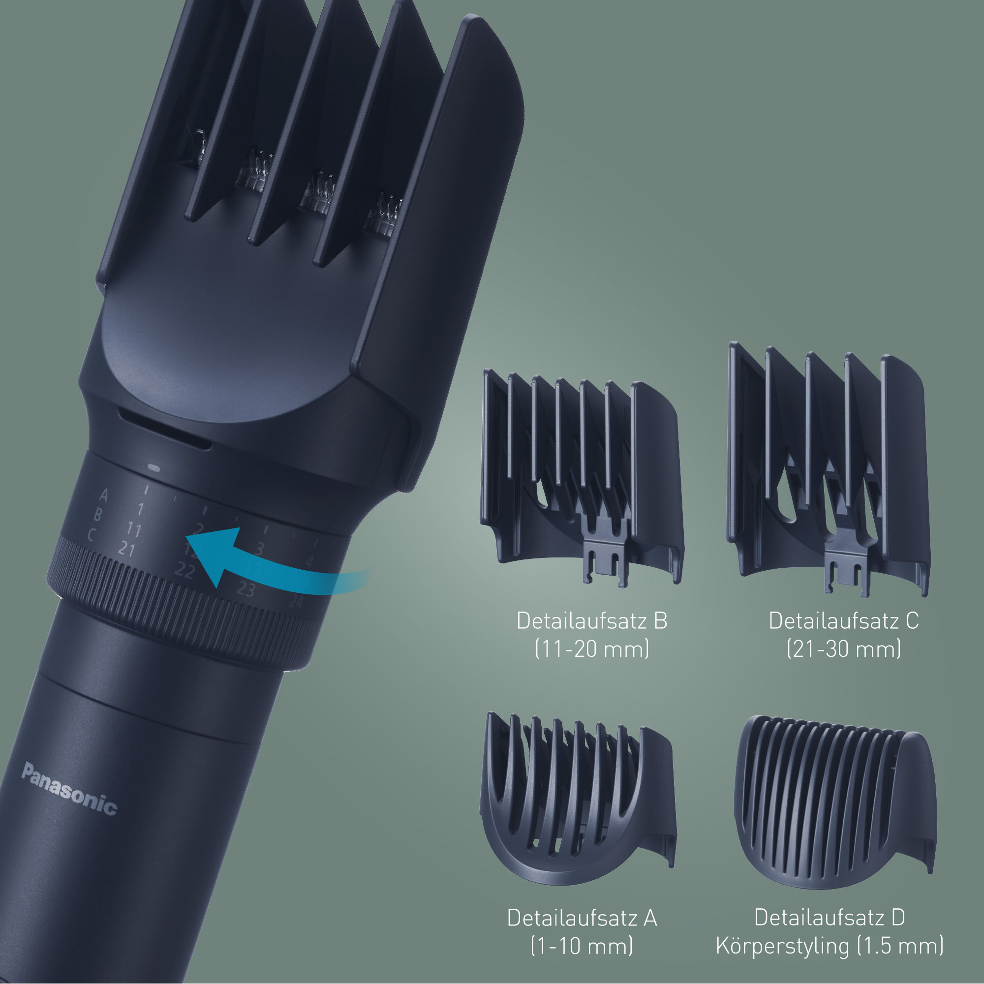 Schwarzer Haarschneider mit Aufsätzen. Detailaufsätze für verschiedene Längen.