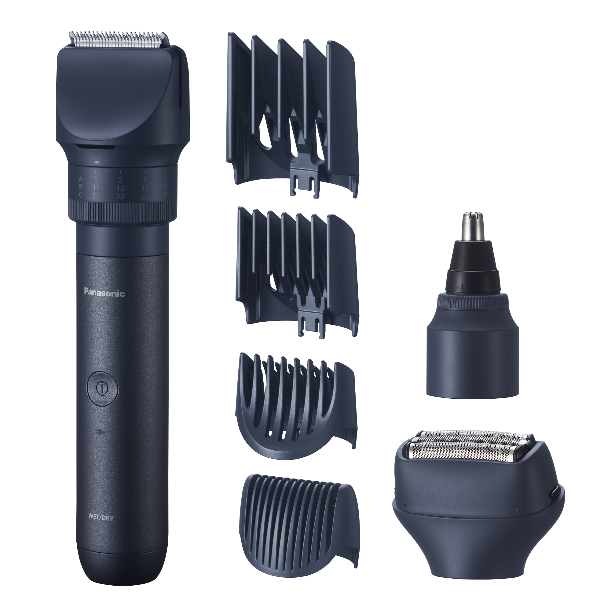 Ein schwarzer Panasonic Haarschneider mit Aufsätzen für verschiedene Längen sowie ein Nasenhaartrimmer-Aufsatz.