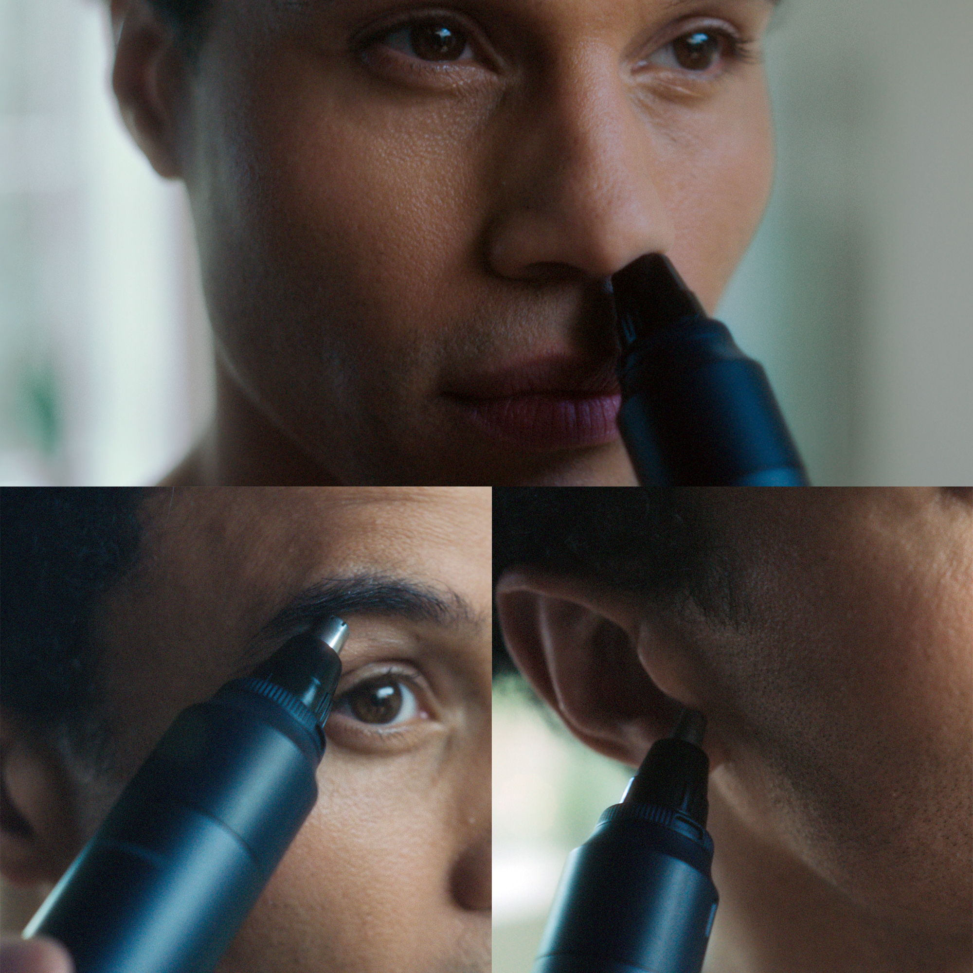 Mann, der einen Nasen- und Ohrenhaartrimmer benutzt. Nahaufnahme seines Gesichts. Drei Bilder.