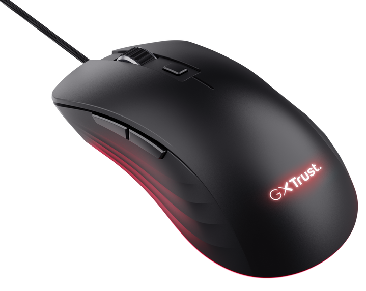 Fekete gaming egér piros fénnyel és kábellel. Gombokkal és görgővel rendelkezik.