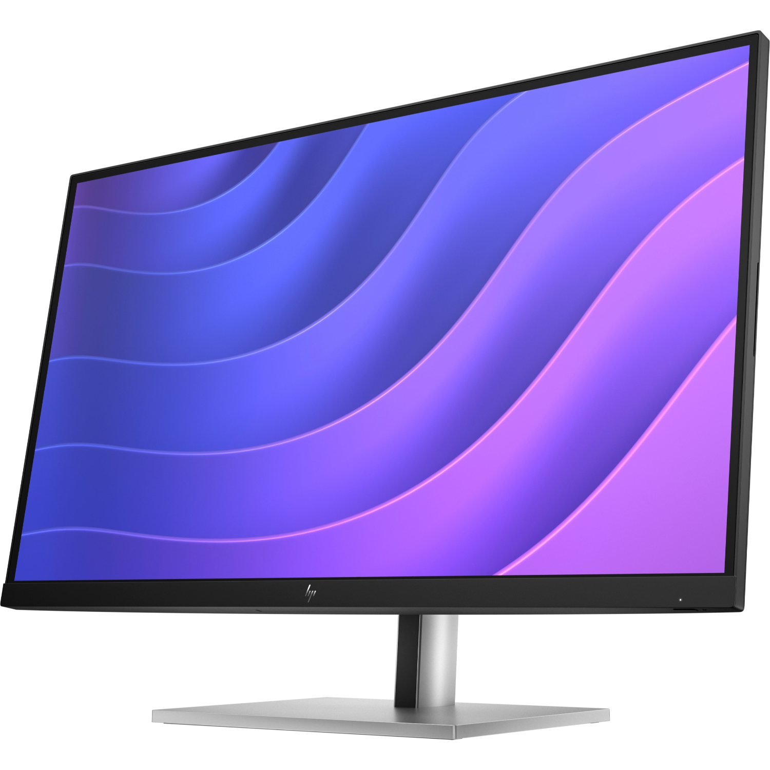 HP-monitor met een scherm dat een blauw-paars golfpatroon weergeeft. Het heeft een zilveren voet en frame en een HP-logo.