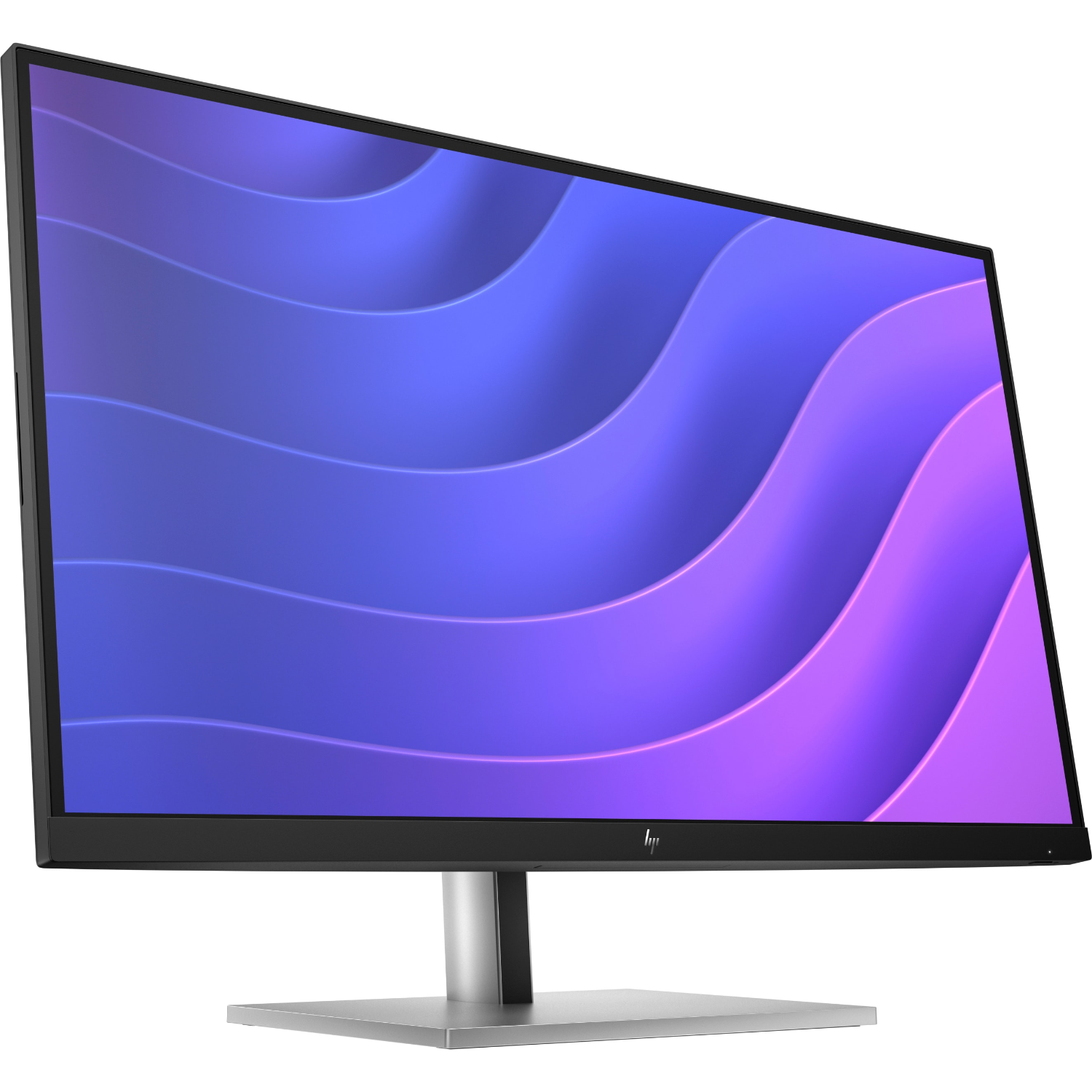 Een HP-monitor toont een paars en blauw golfpatroon op het scherm. Het heeft een zilveren standaard en een zwarte rand.