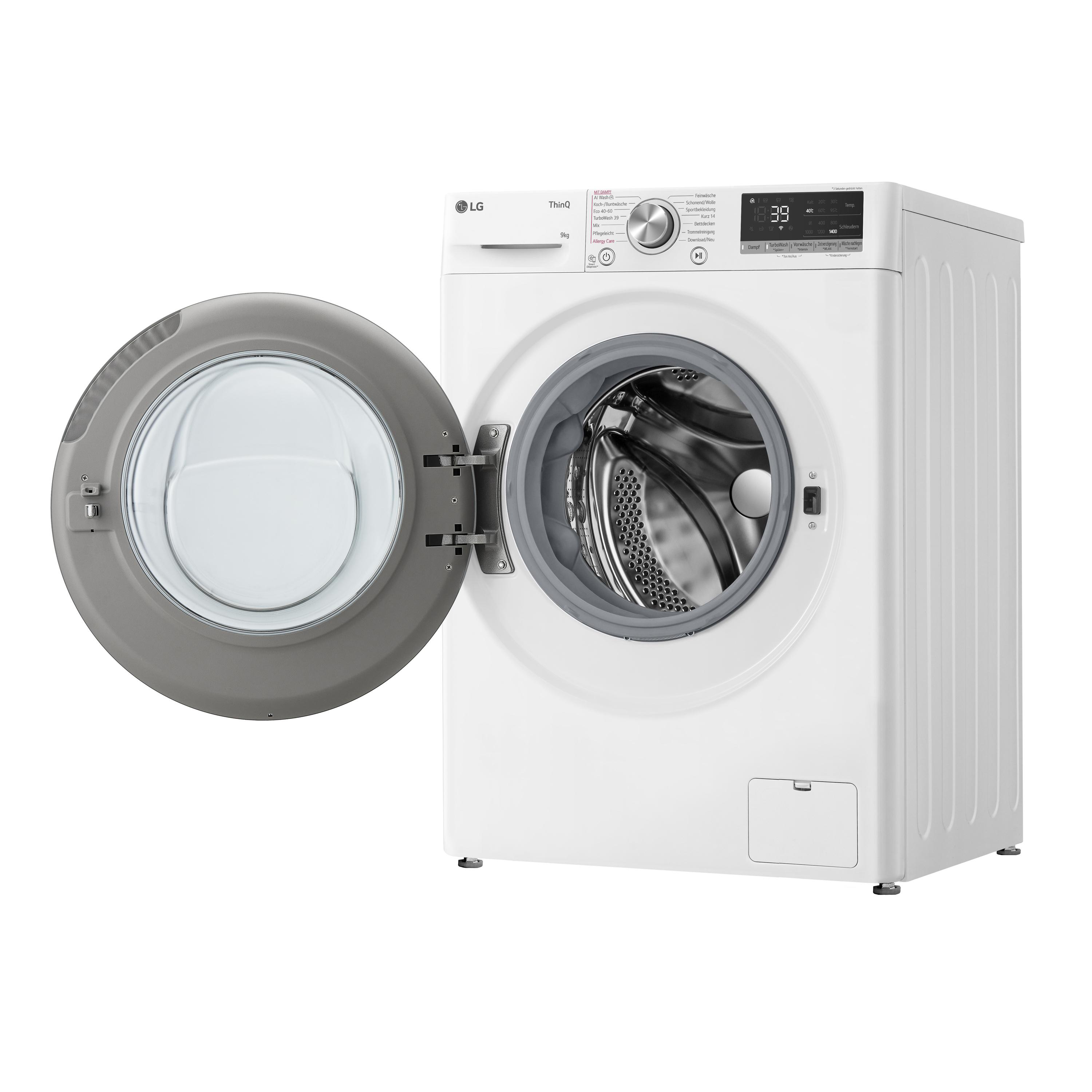 Eine weiße Waschmaschine mit offener Tür. Die Innentrommel ist sichtbar, und die Maschine ist eingeschaltet.