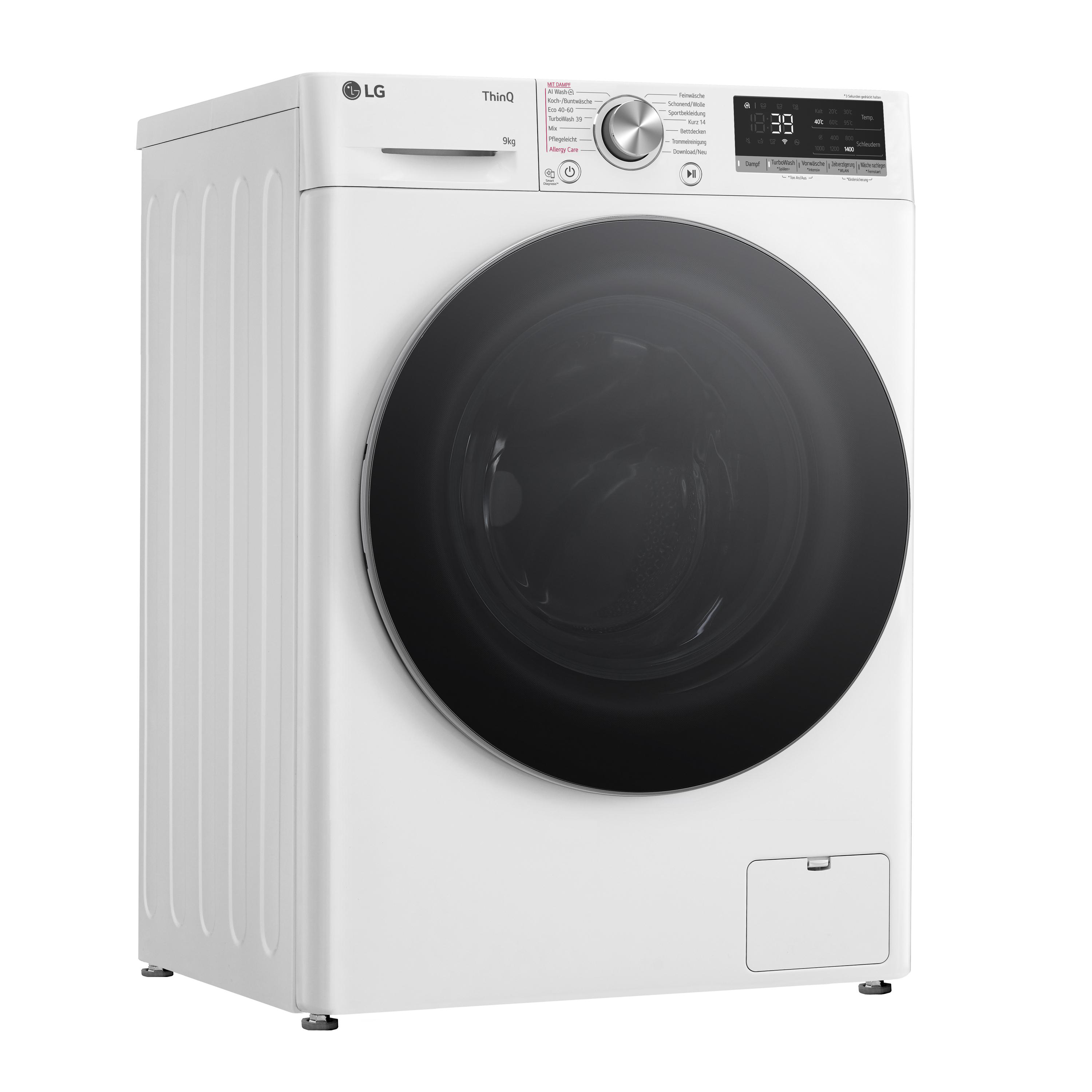 Eine weiße Waschmaschine mit schwarzer Tür und Bedienfeld, Seitenansicht.