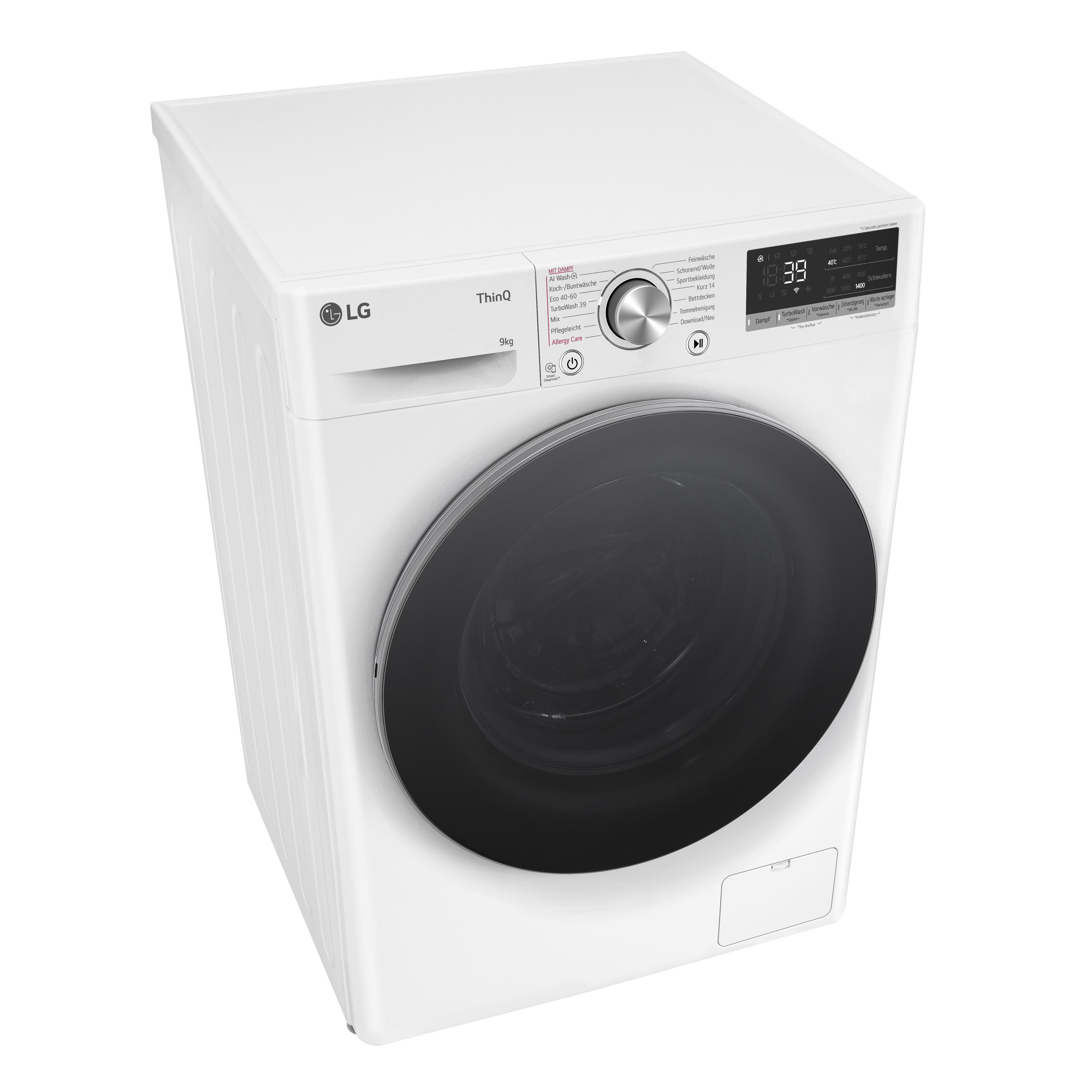 Weiße LG Waschmaschine. Sie hat eine schwarze Tür, ein digitales Display und einen silbernen Bedienknopf oben.