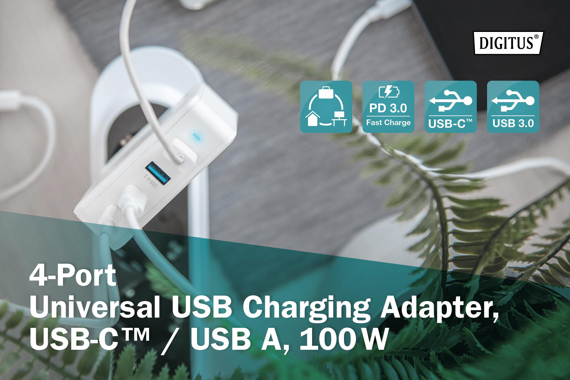 Ein weißer 4-Port-USB-Ladeadapter mit USB-C- und USB-3.0-Anschlüssen, neben einer grünen Pflanze.