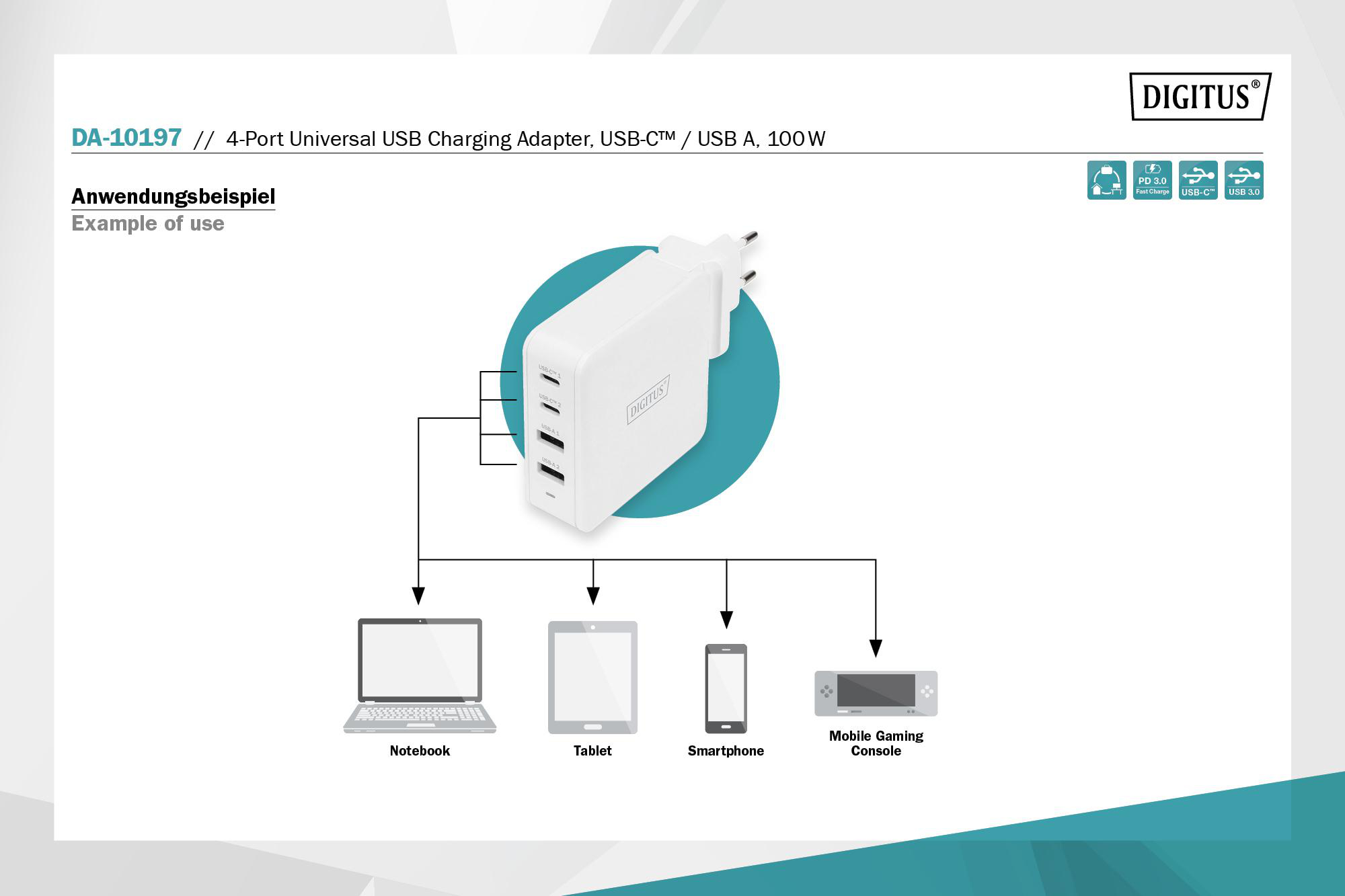 Ein weißer USB-Ladeadapter mit vier Anschlüssen und daran angeschlossenen Geräten.