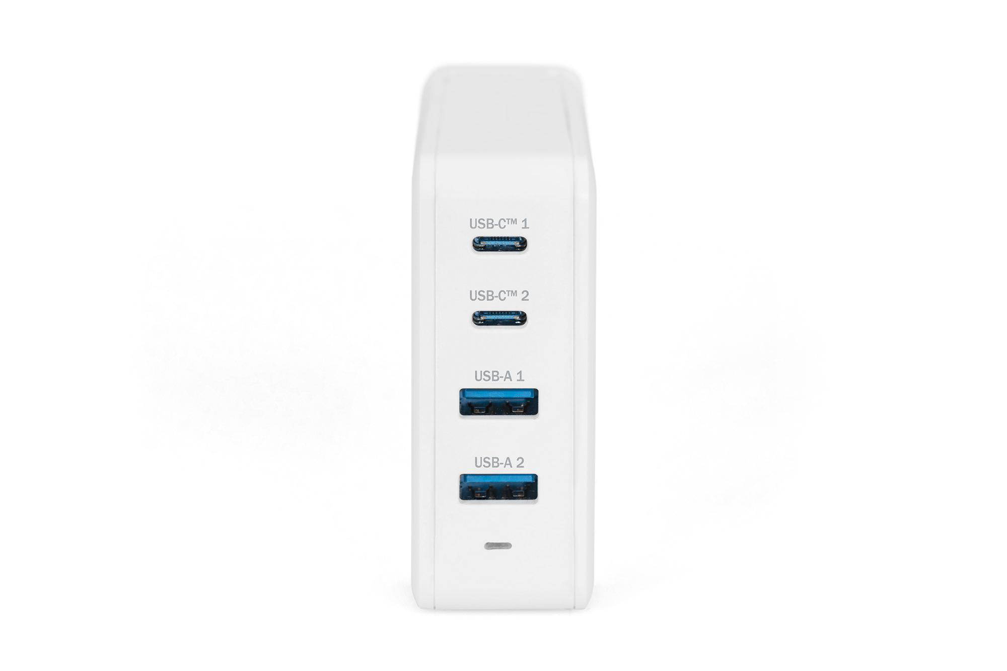 Weiße Ladestation mit vier Anschlüssen: zwei USB-C und zwei USB-A.