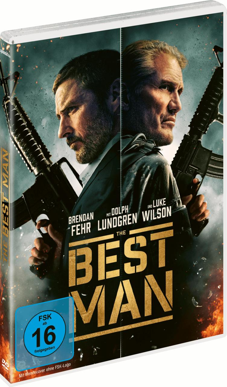 DVD-Cover für den Film The Best Man, mit zwei Männern mit Waffen. Hintergrund ist eine feurige, kriegsähnliche Szene.