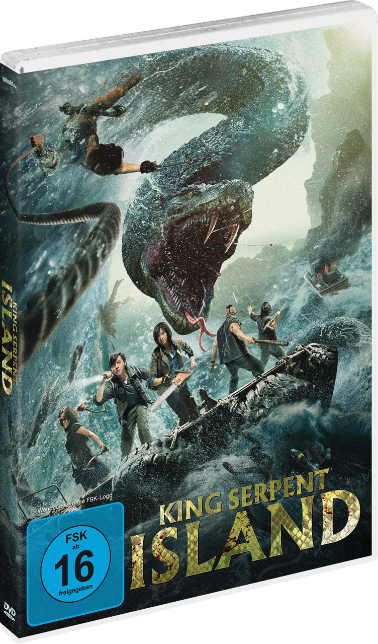 Filmcover für "King Serpent Island", das eine große Schlange zeigt, die Menschen im Wasser angreift.
