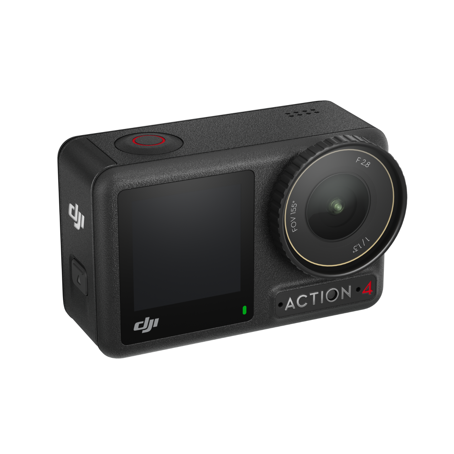 Black Action 4 camera on black background. It has a lens, screen, and red button. The brand is DJI.