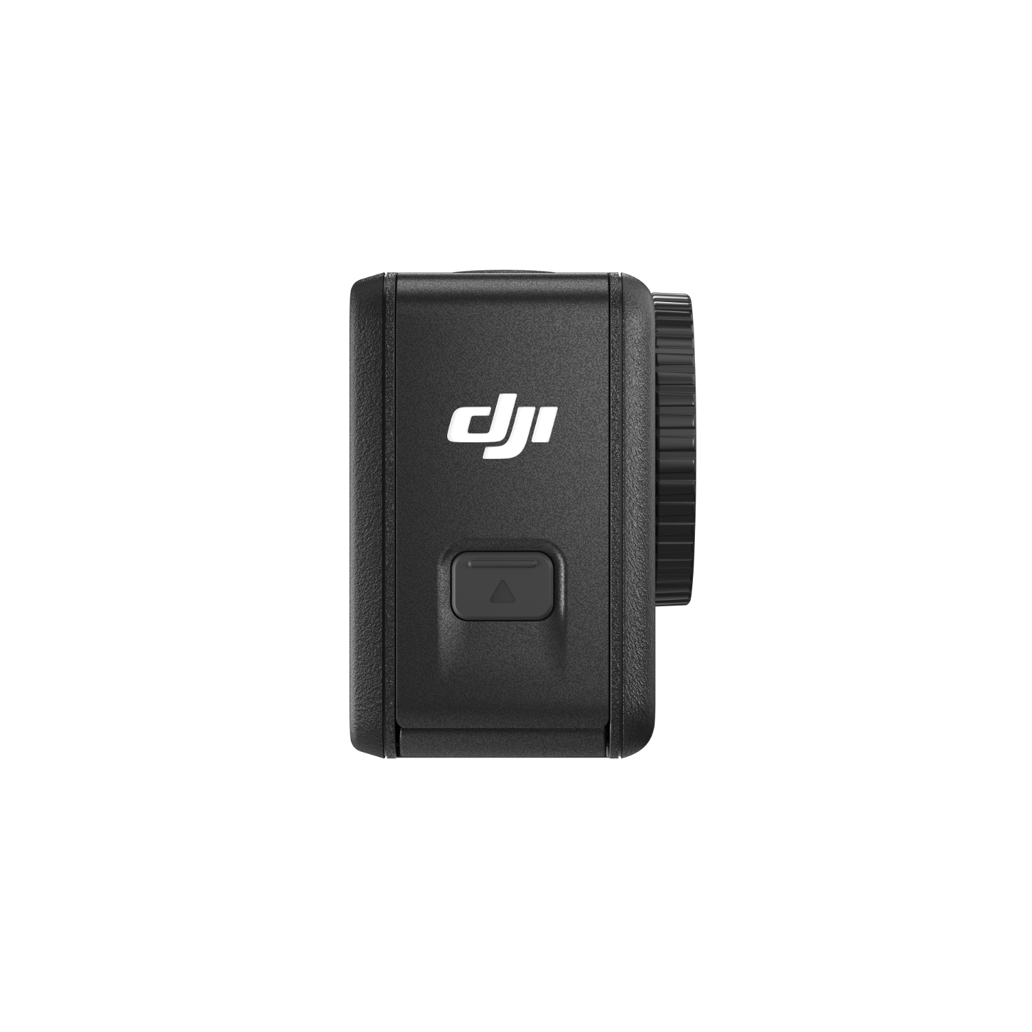 Black action camera on black background. It has a button with a triangle symbol and the DJI logo.