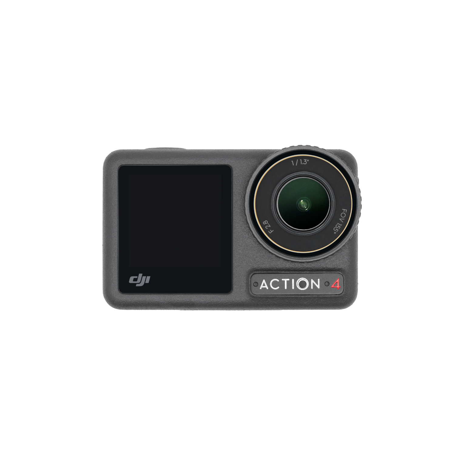 A black DJI Action 4 camera. It has a lens, screen, and the text 'ACTION 4'.