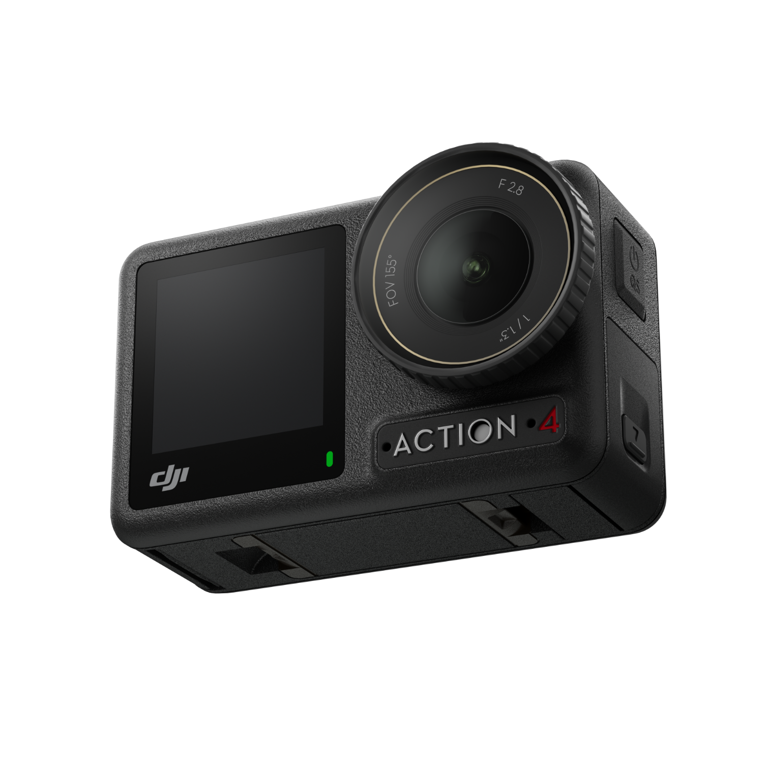 Black DJI Action 4 camera. Features a lens, screen, and buttons. The background is black.