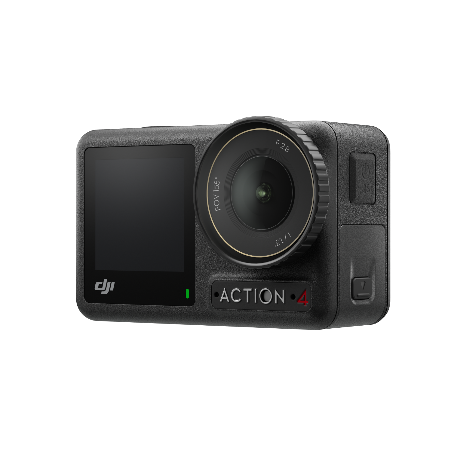 Black DJI Action 4 camera. It has a lens, screen, and buttons. The text "ACTION 4" is visible.