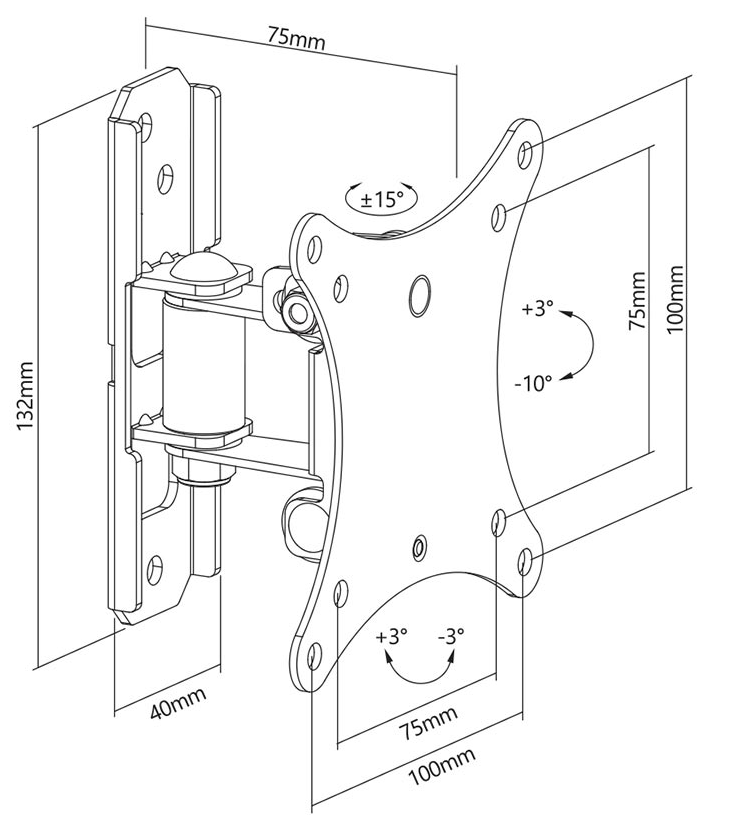 TV-tartó diagramja méretekkel és szögekkel, a rögzítési részleteket mutatja.