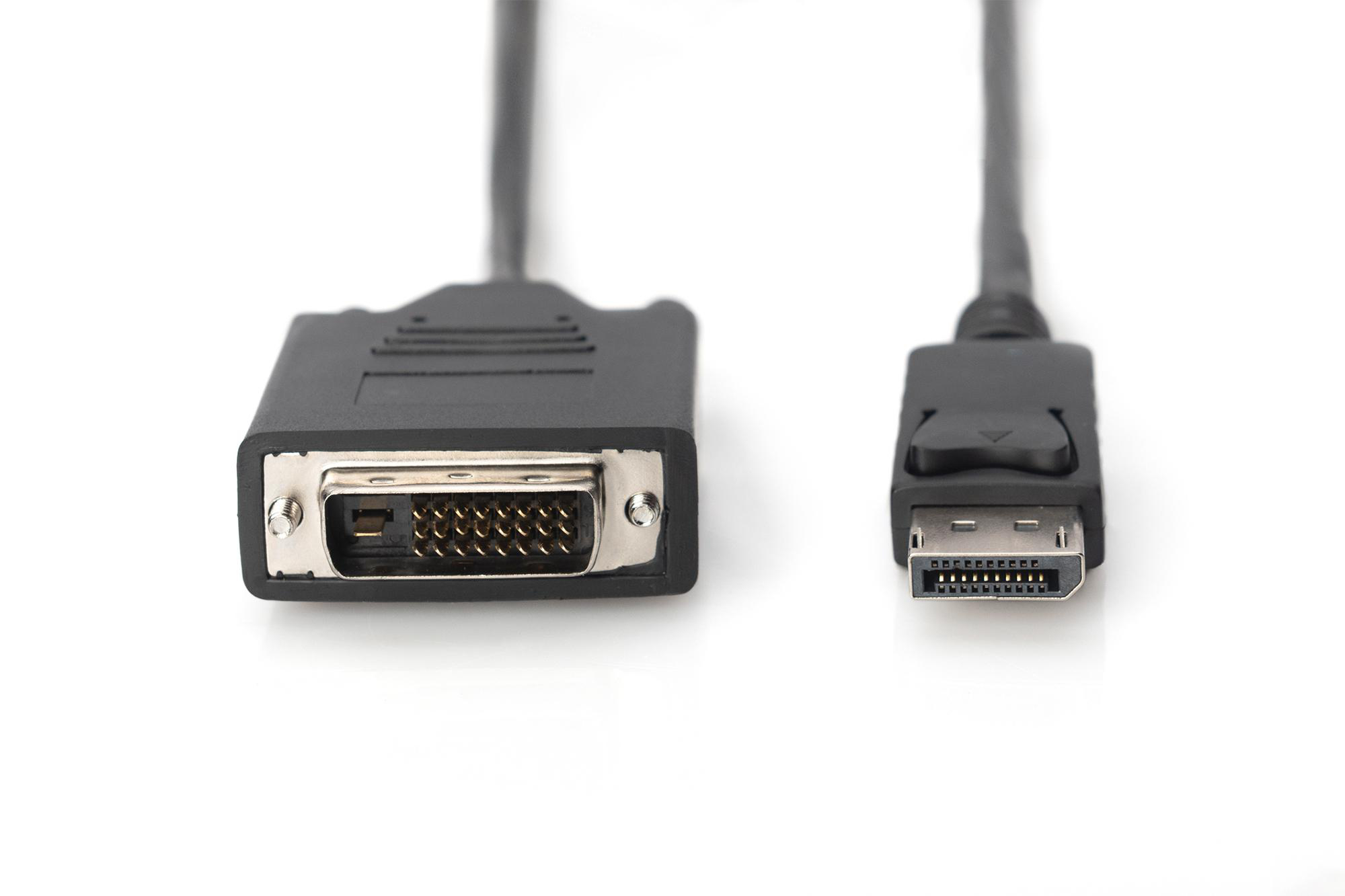 DVI-zu-DisplayPort-Adapterkabel. Schwarze Anschlüsse auf weißem Hintergrund.
