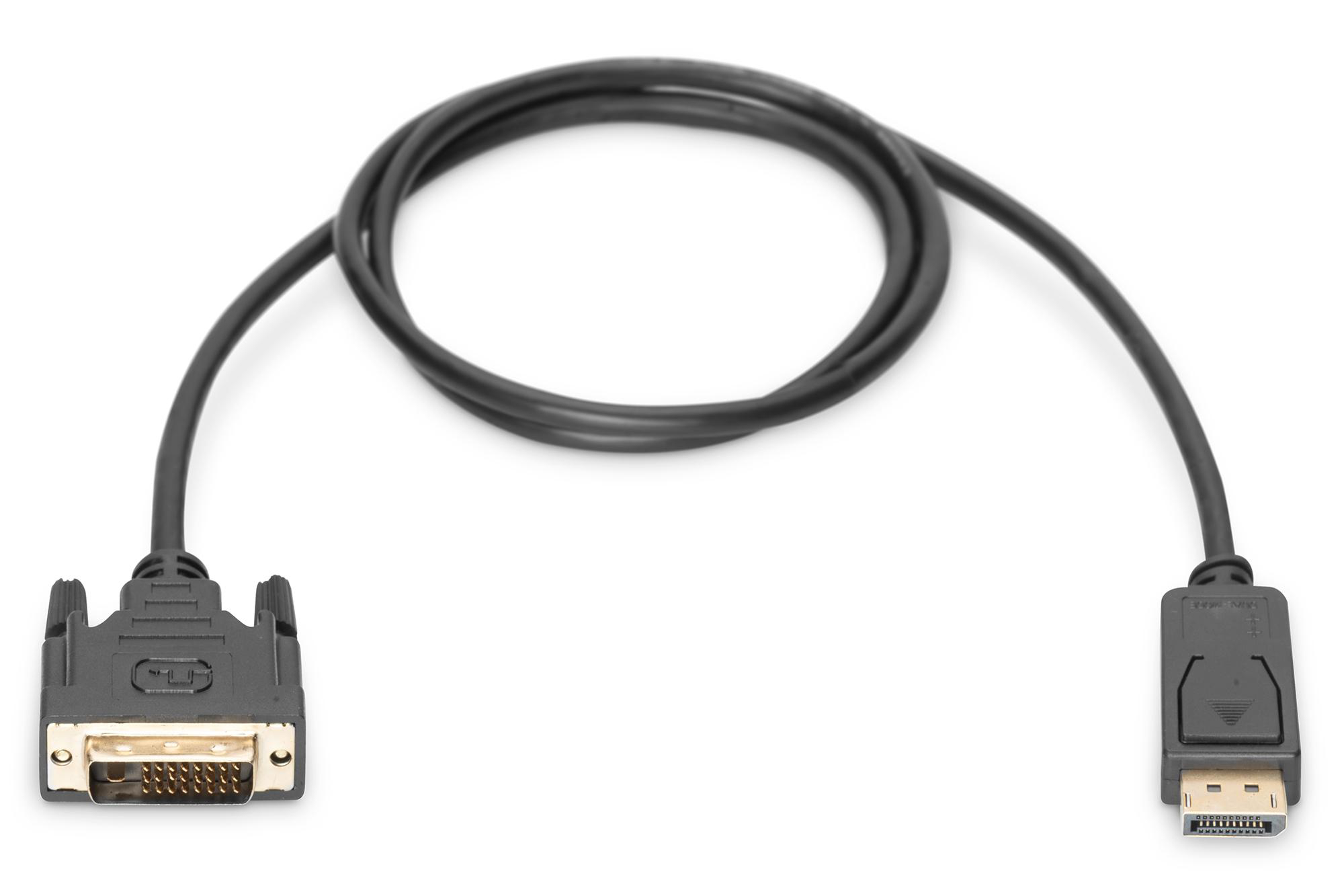 Schwarzes DVI-zu-DisplayPort-Kabel, zwei verschiedene Anschlüsse an jedem Ende, weißer Hintergrund.