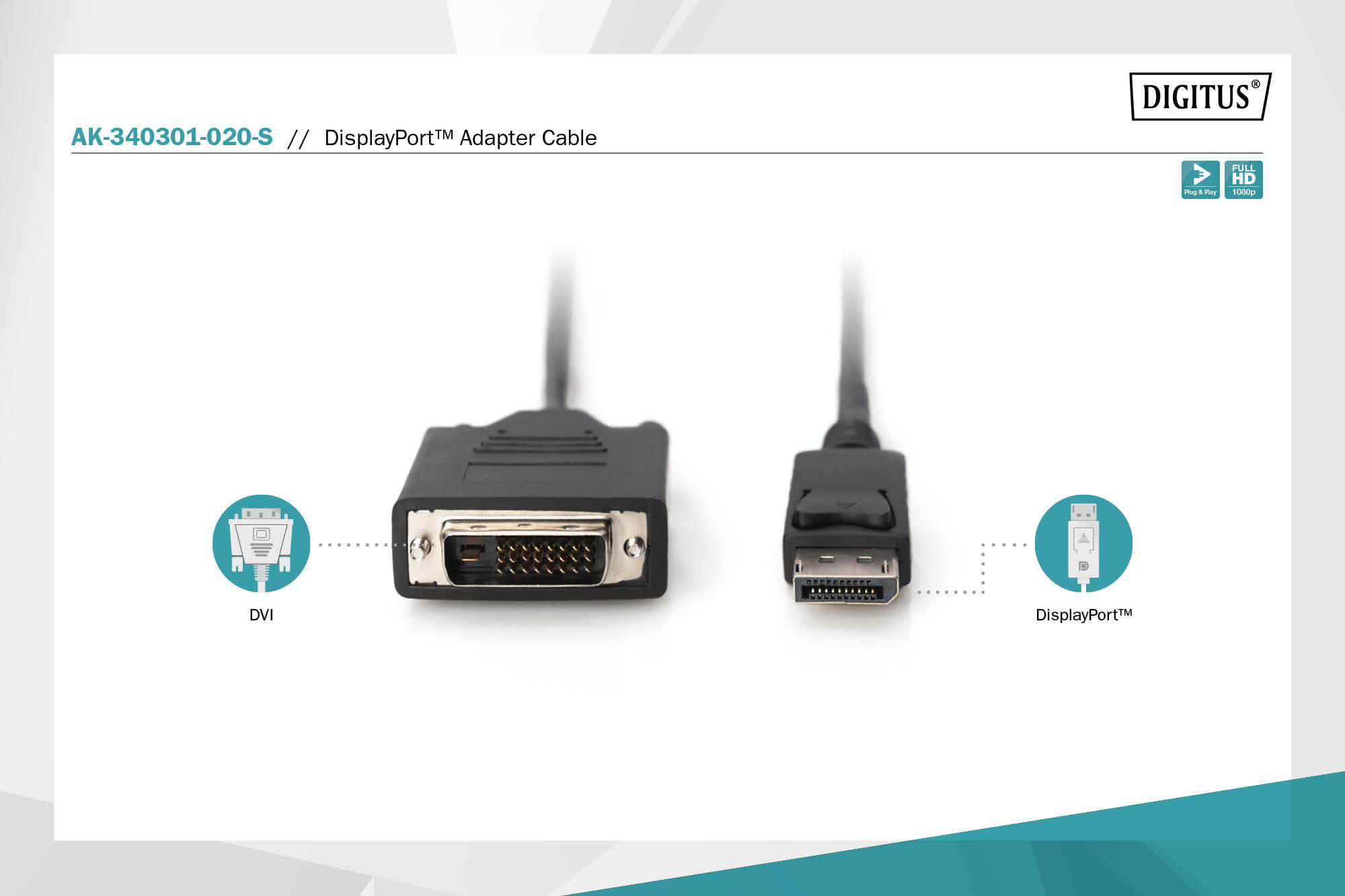 DisplayPort-Adapterkabel. DVI- und DisplayPort-Anschlüsse sind sichtbar. Weißer Hintergrund mit Text.