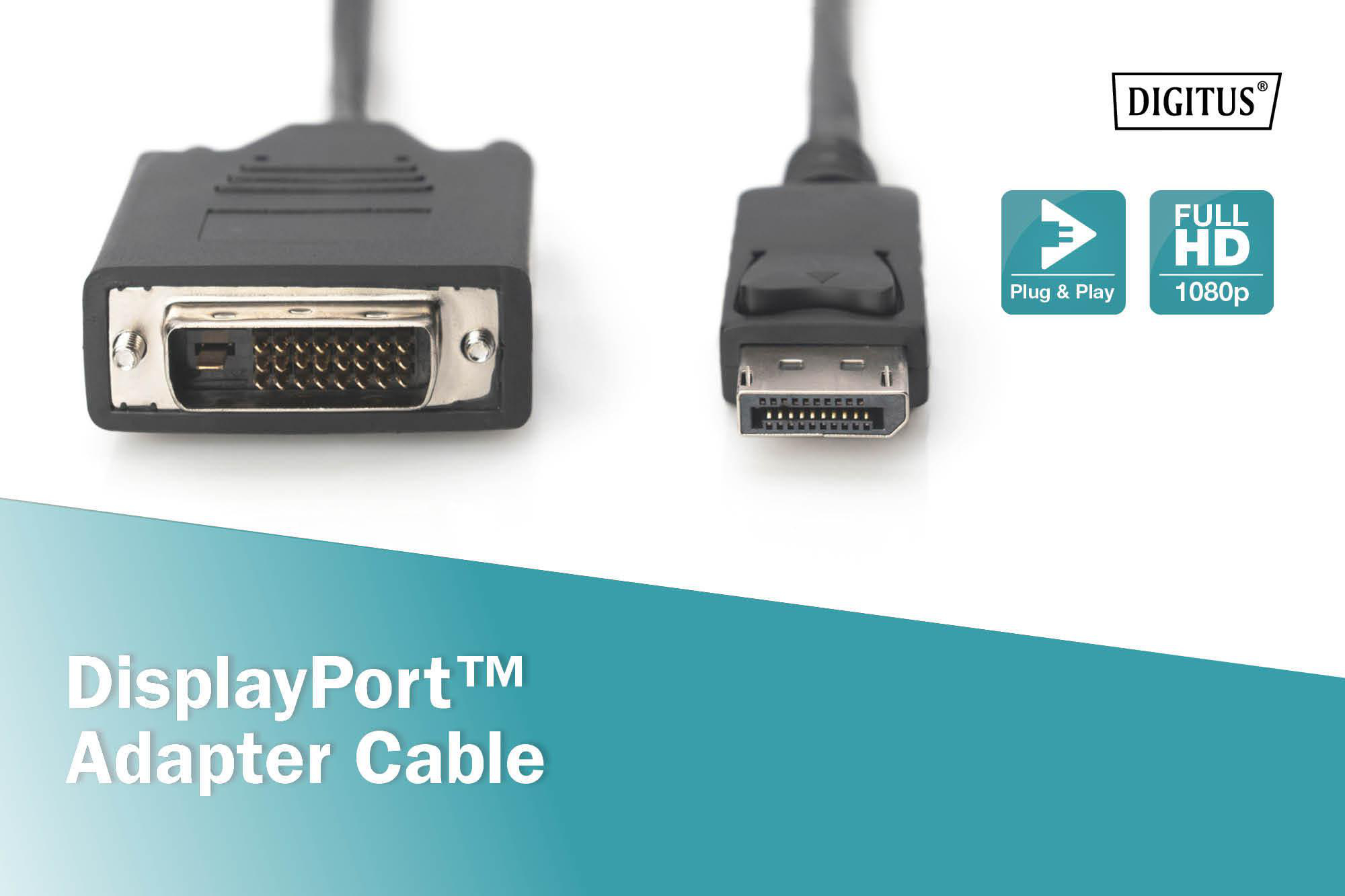 Schwarzes DisplayPort-Adapterkabel, das beide Enden zeigt. Weißer Hintergrund mit Text.