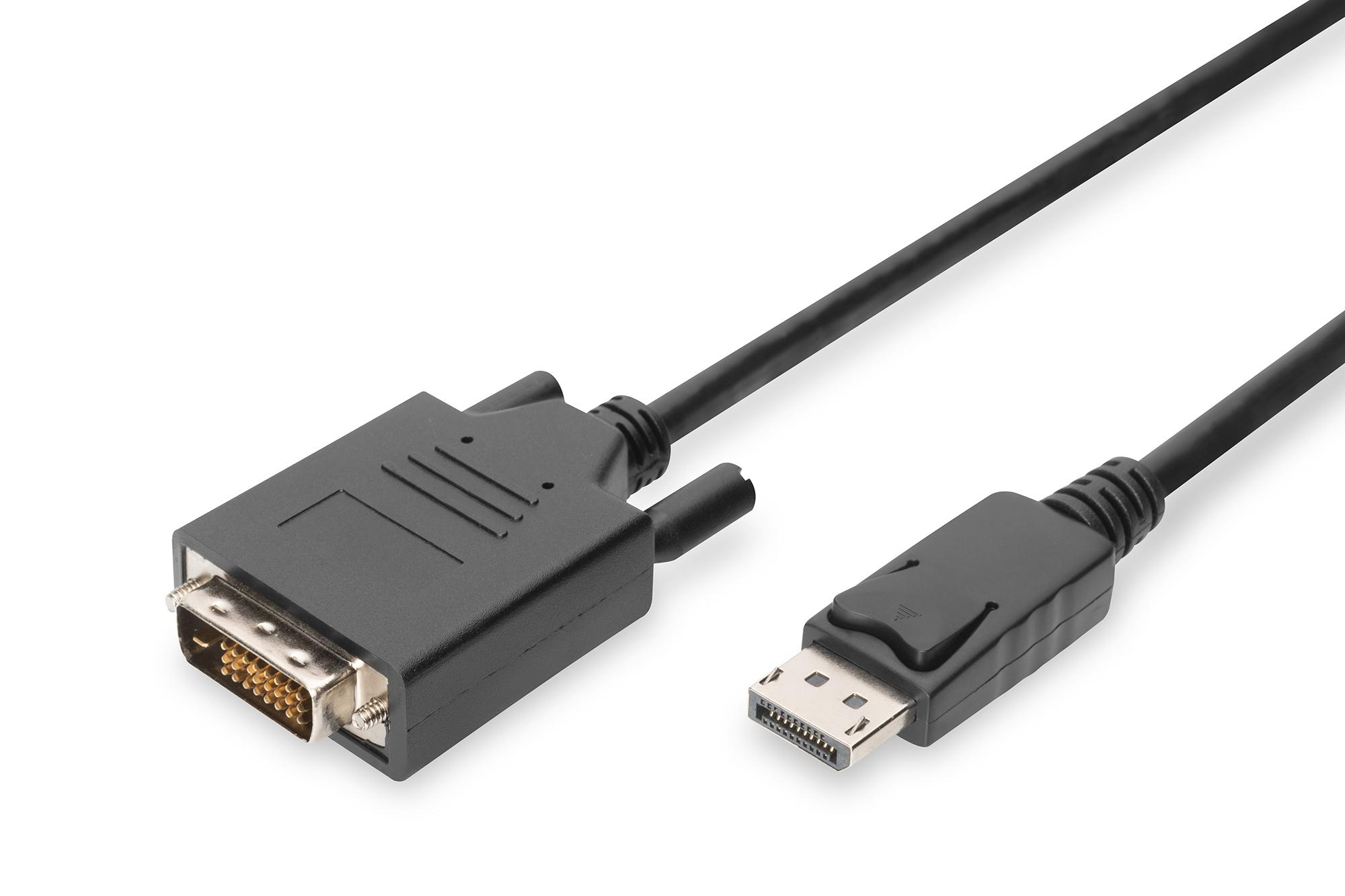 Ein schwarzes DVI-zu-DisplayPort-Kabel mit schwarzen Anschlüssen.
