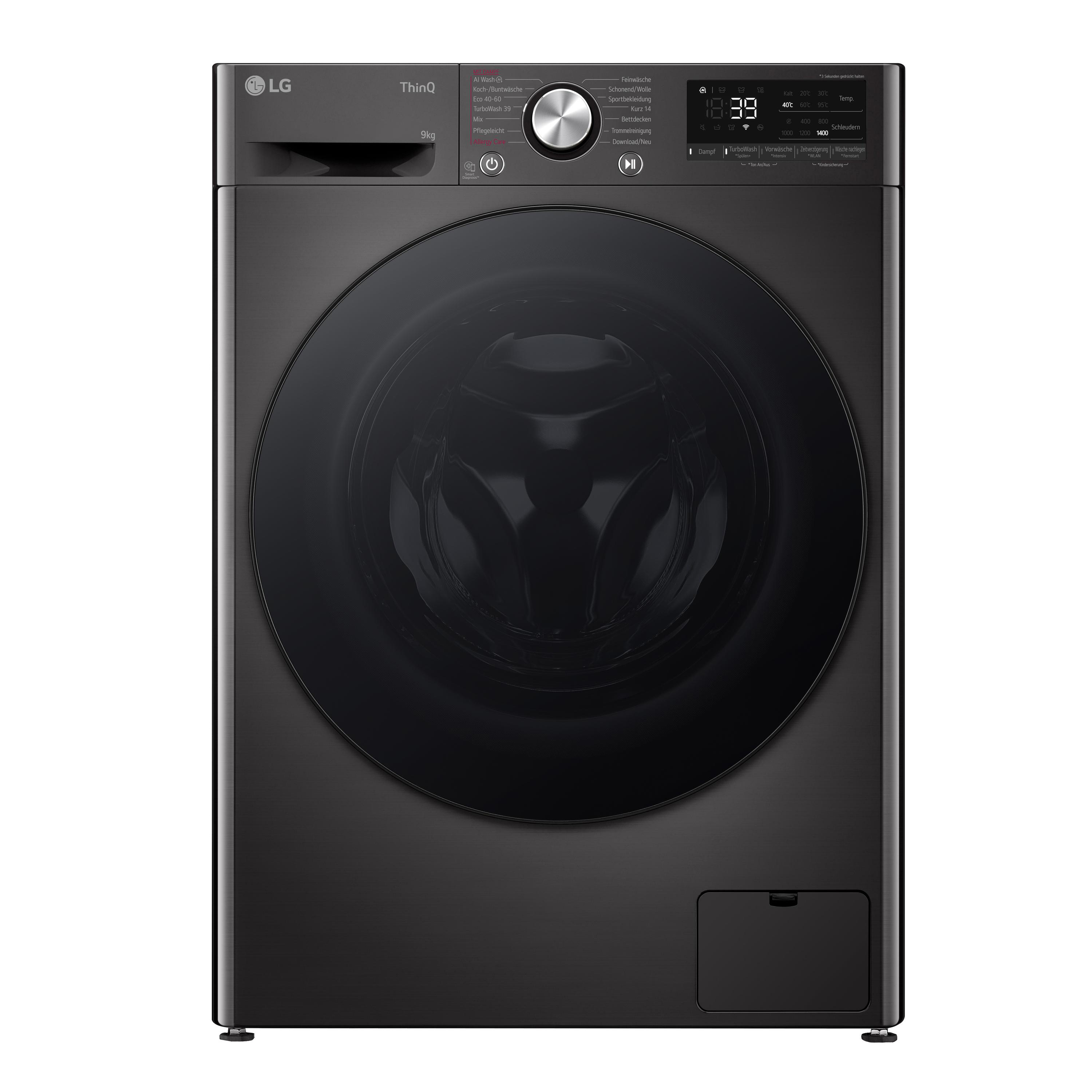 Schwarze LG Waschmaschine mit runder Tür und Bedienfeld oben.