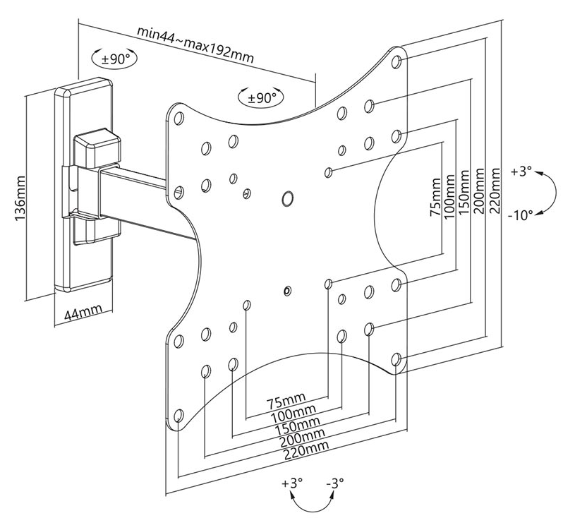 TV fali tartó diagramja, a méretekkel és a beállítási szögekkel a telepítéshez.