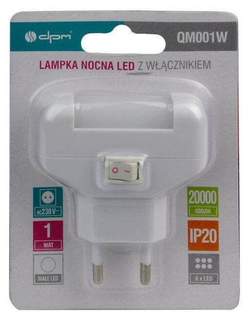Biała lampka nocna w opakowaniu. Ma przełącznik i jest podłączona do ściany.