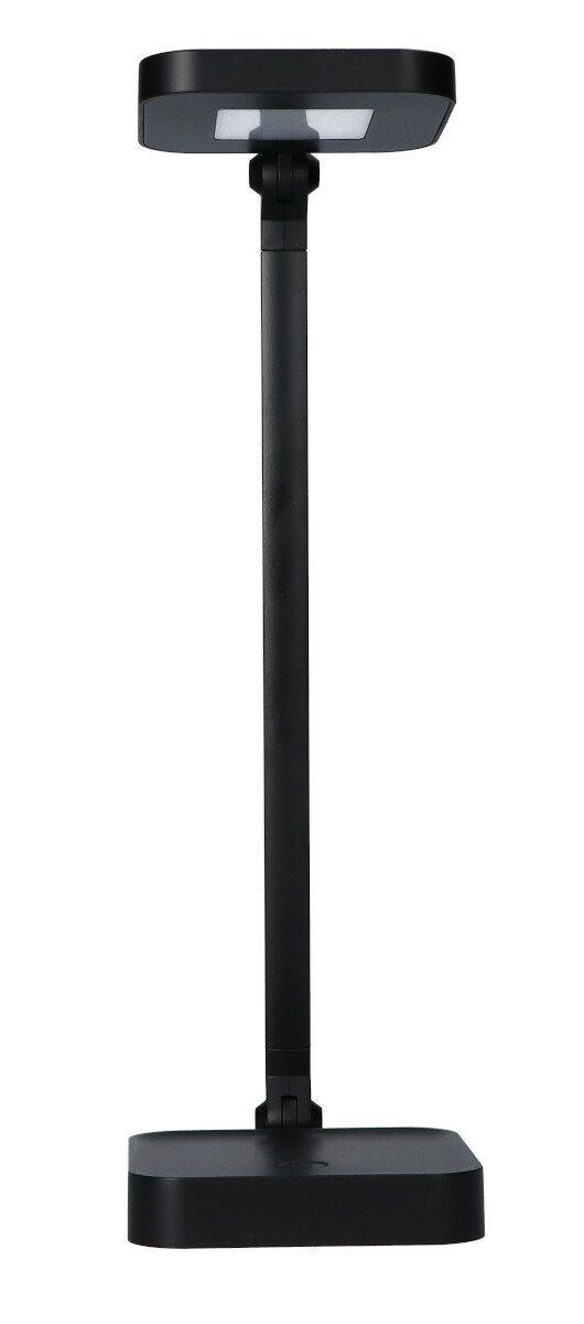Czarna, nowoczesna lampa biurkowa. Wysoki, cienki stojak, prostokątna podstawa i kwadratowa głowica świetlna.