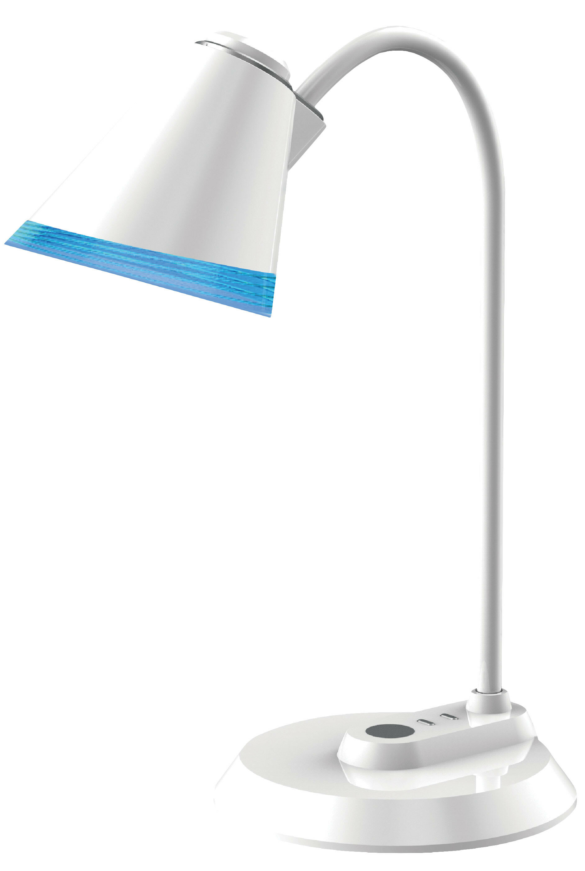 Biała lampa biurkowa z elastycznym ramieniem i niebieskim kloszem, na białej podstawie.