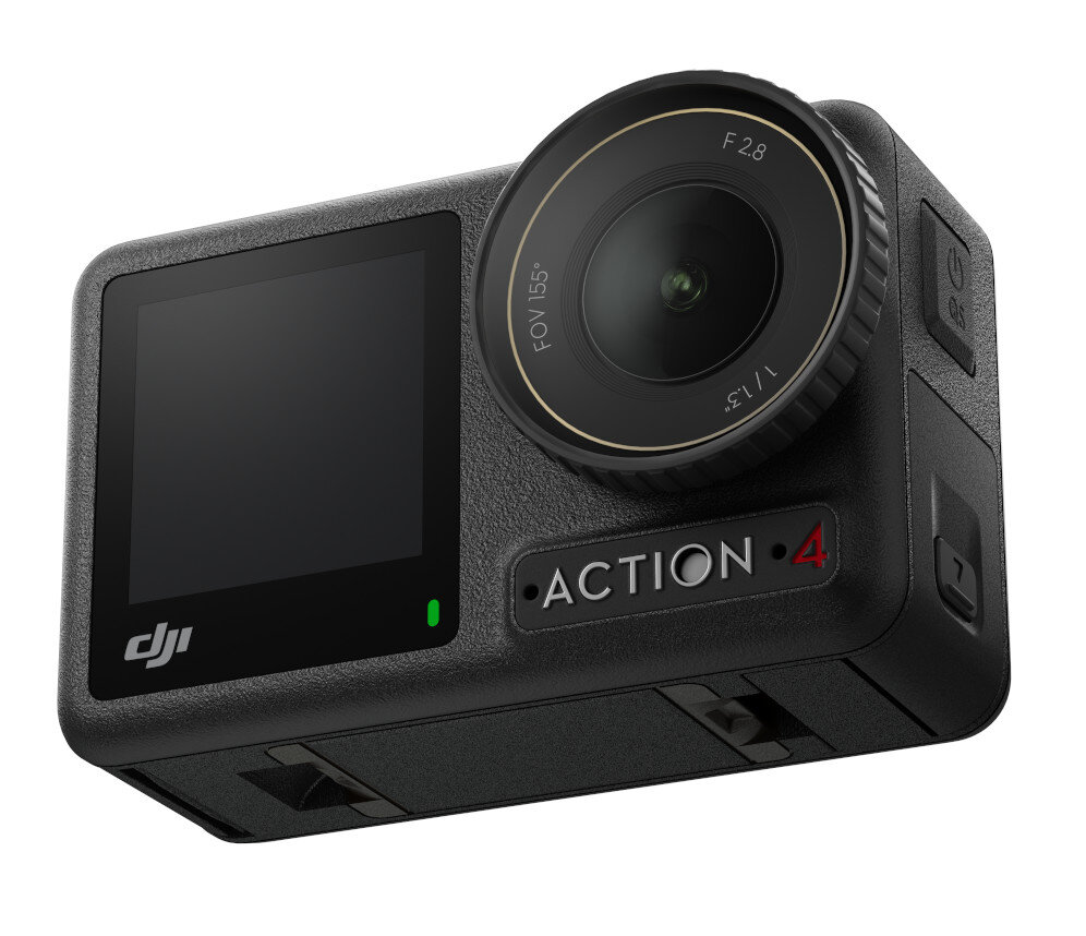 Czarna kamera sportowa z ekranem, obiektywem i przyciskami. Action 4.