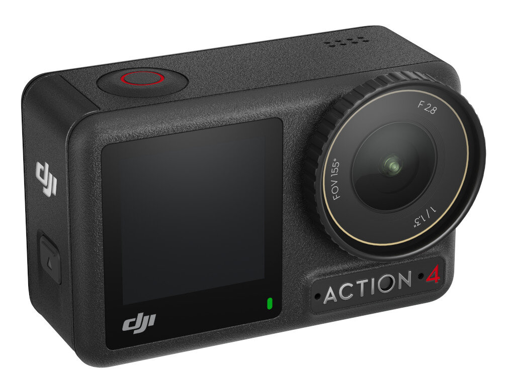 Czarna kamera sportowa z ekranem i obiektywem, na białym tle.