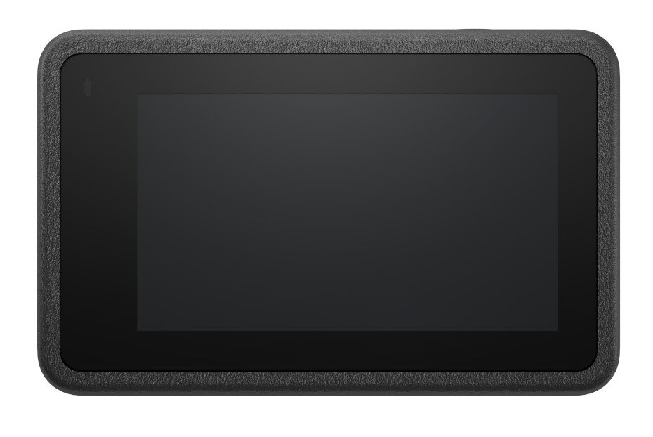 Czarny prostokątny aparat z dużym czarnym ekranem, otoczony czarną ramką.