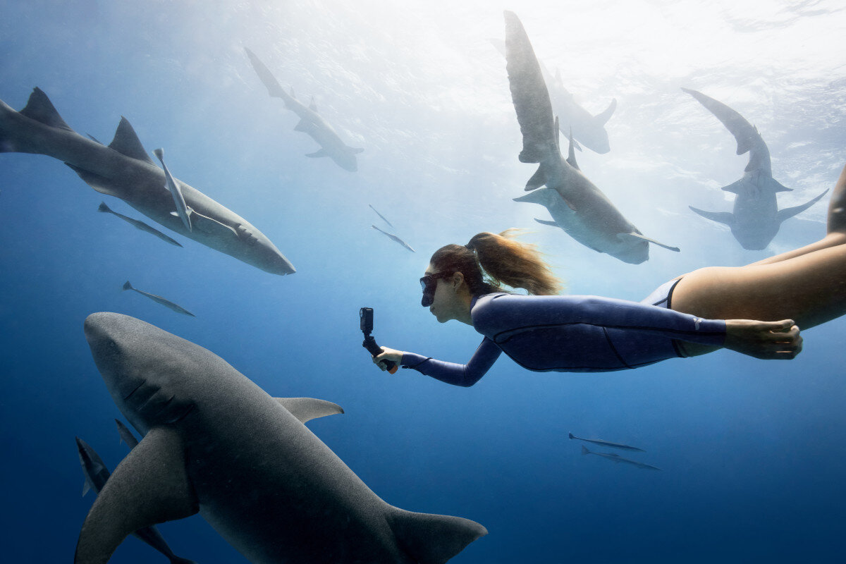 Kobieta uprawia snorkeling z rekinami. Trzyma kamerę, otoczona rekinami w czystej, błękitnej wodzie.