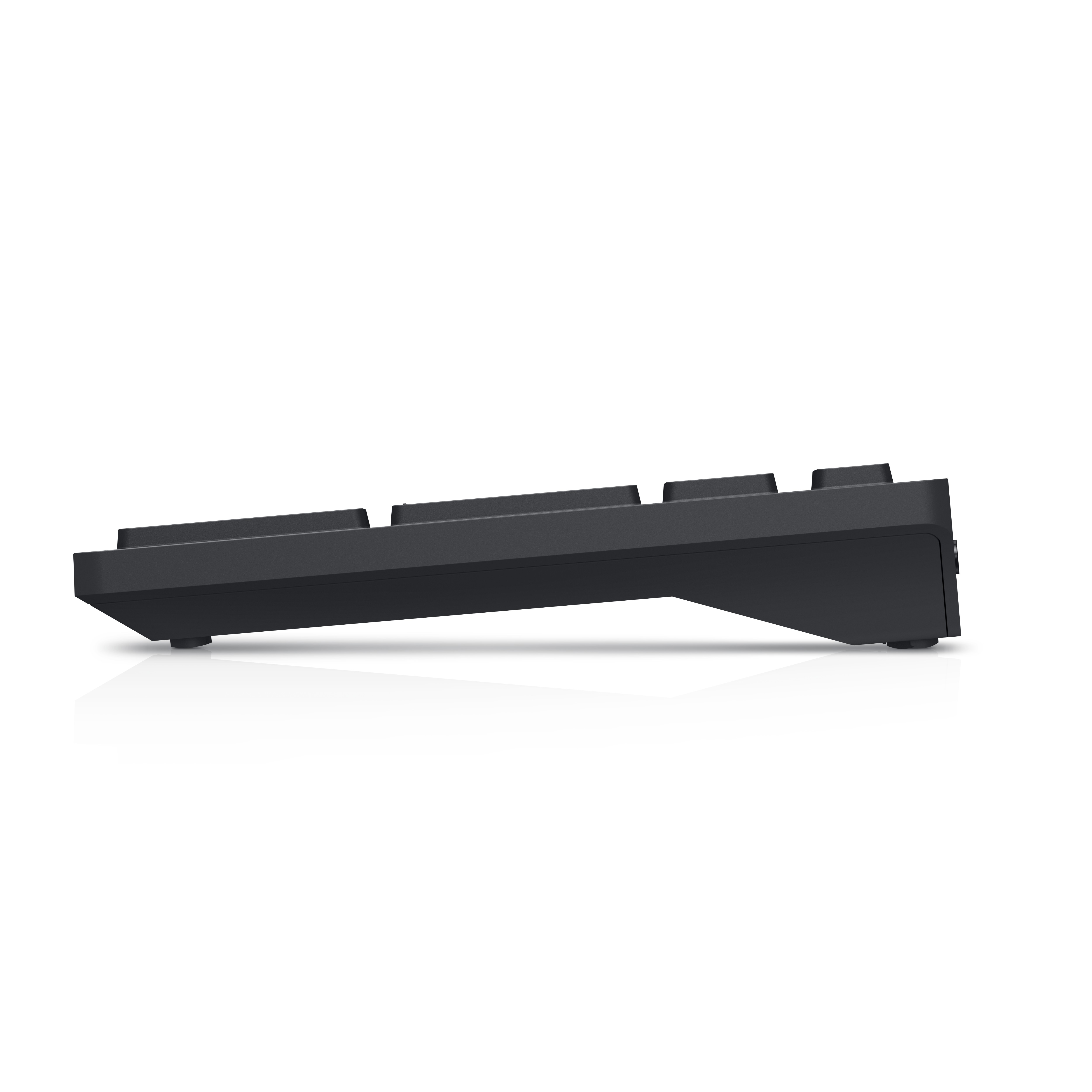 Seitenansicht einer schwarzen Tastatur auf weißem Hintergrund. Die Tastatur hat ein schlankes Design.
