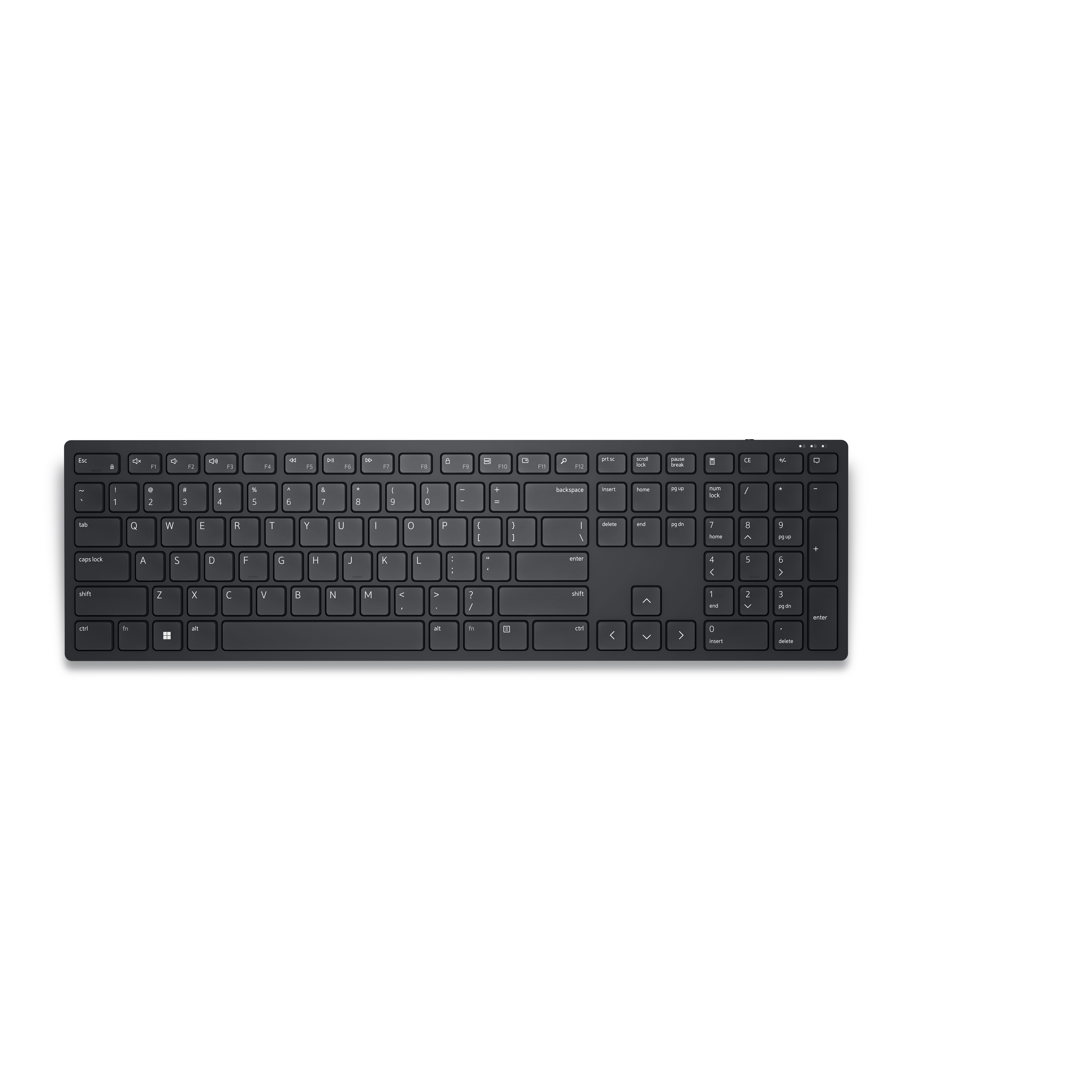 Eine schwarze Computertastatur auf weißem Hintergrund. Tasten sind mit Buchstaben, Zahlen und Symbolen beschriftet.