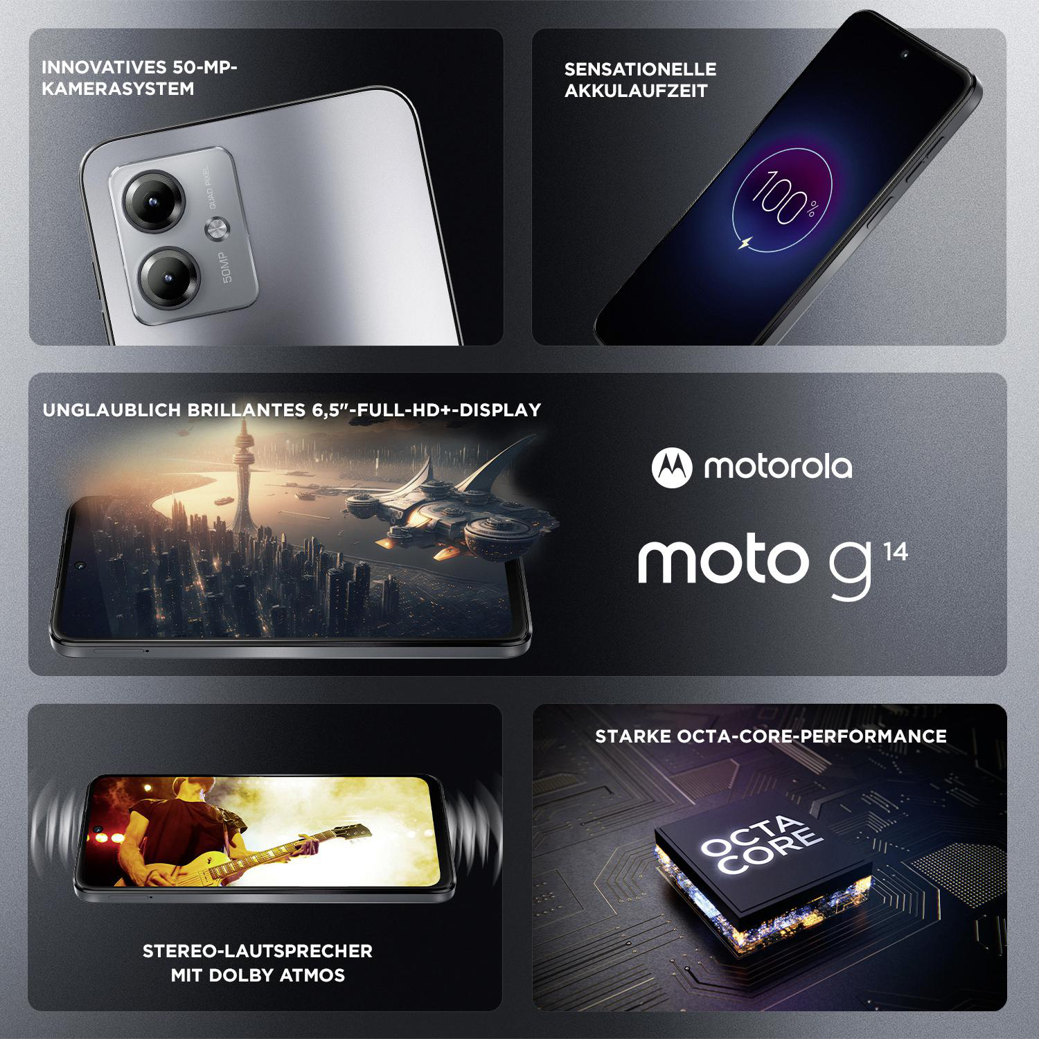 Motorola moto g14 Telefon mit Funktionen: Kamera, Akkulaufzeit, Display, Leistung und Lautsprecher.