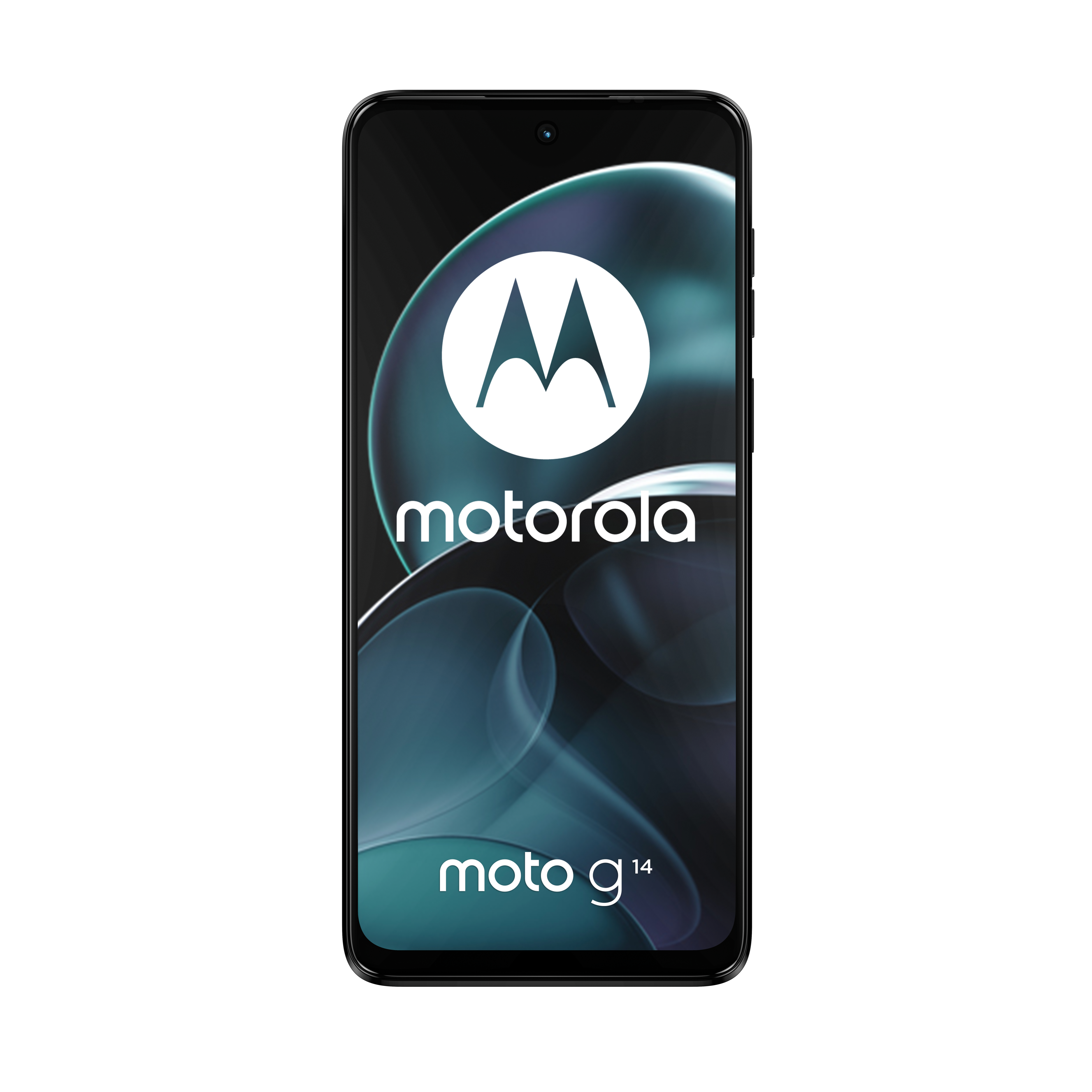 Ein schwarzes Motorola Moto G14 Smartphone, mit dem Markenlogo und Modellnamen auf dem Bildschirm.
