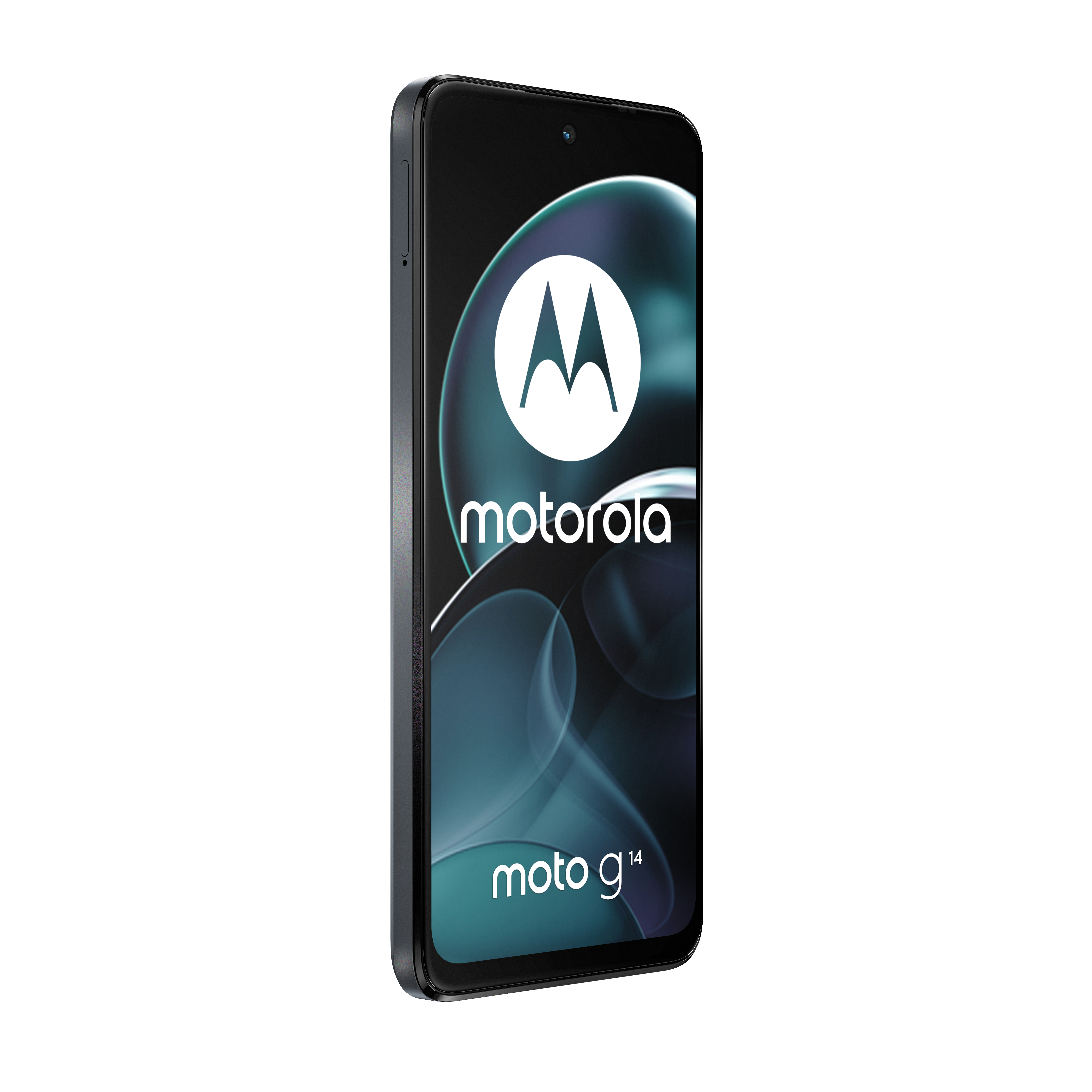 Schwarzes Motorola moto g14 Smartphone, weißes Logo auf dem Bildschirm.